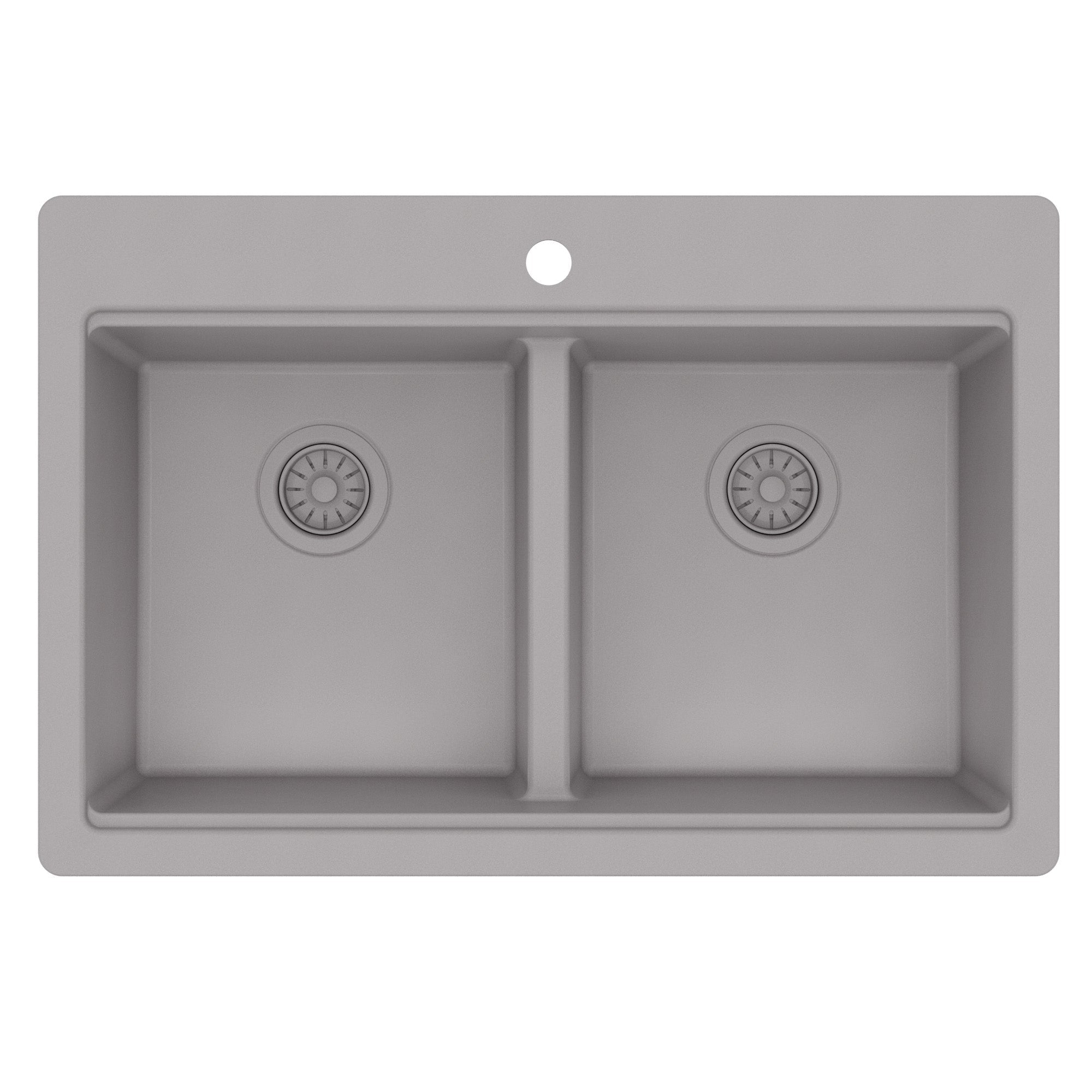 33" Top Mount Double Bowl Quartz Kitchen Sink Kit In Grey