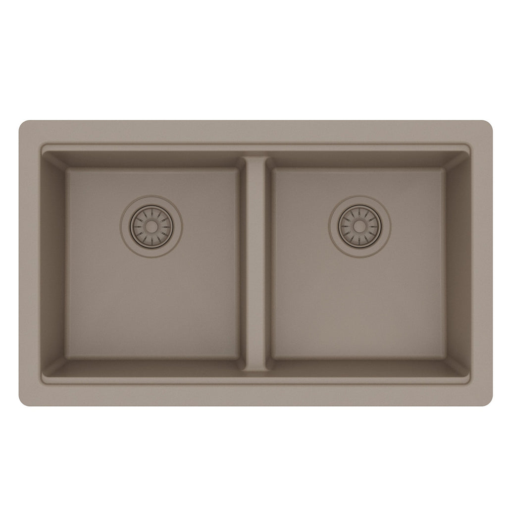 32" Undermount Double Bowl Quartz Kitchen Sink Kit In Concrete