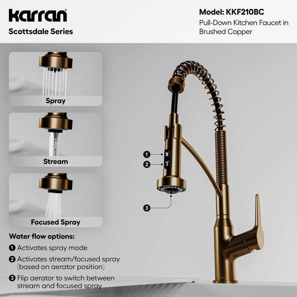 Scottsdale Single Hole Single Handle Pull-Down Sprayer Kitchen Faucet In Brushed Copper