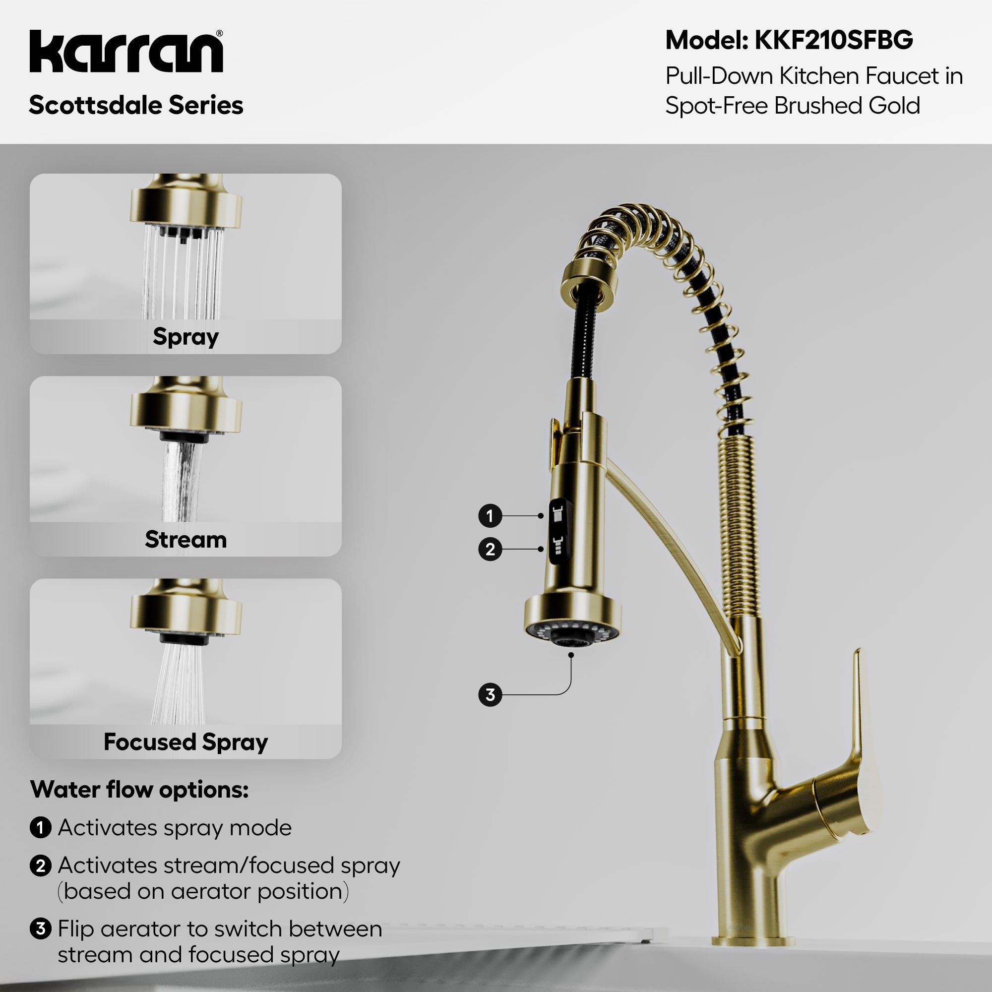 Scottsdale Single Handle Pull-Down Sprayer Commercial Style Kitchen Faucet In Spot-Free Brushed Gold