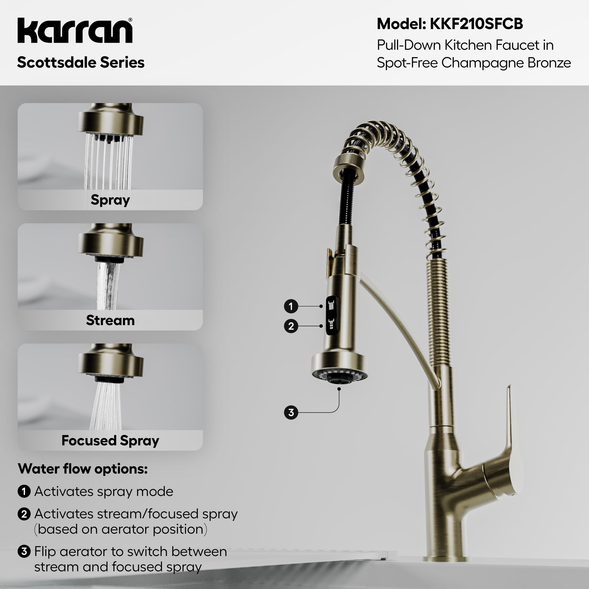Scottsdale Single Handle Pull-Down Sprayer Commercial Style Kitchen Faucet In Spot-Free Champagne Bronze