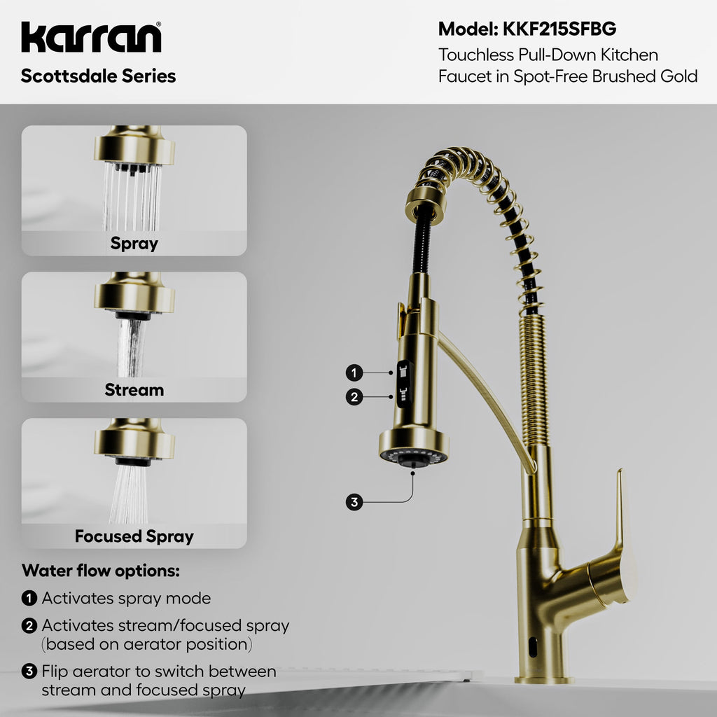 Scottsdale Single Handle Pull-Down Sprayer Touchless Kitchen Faucet In Spot-Free Brushed Gold