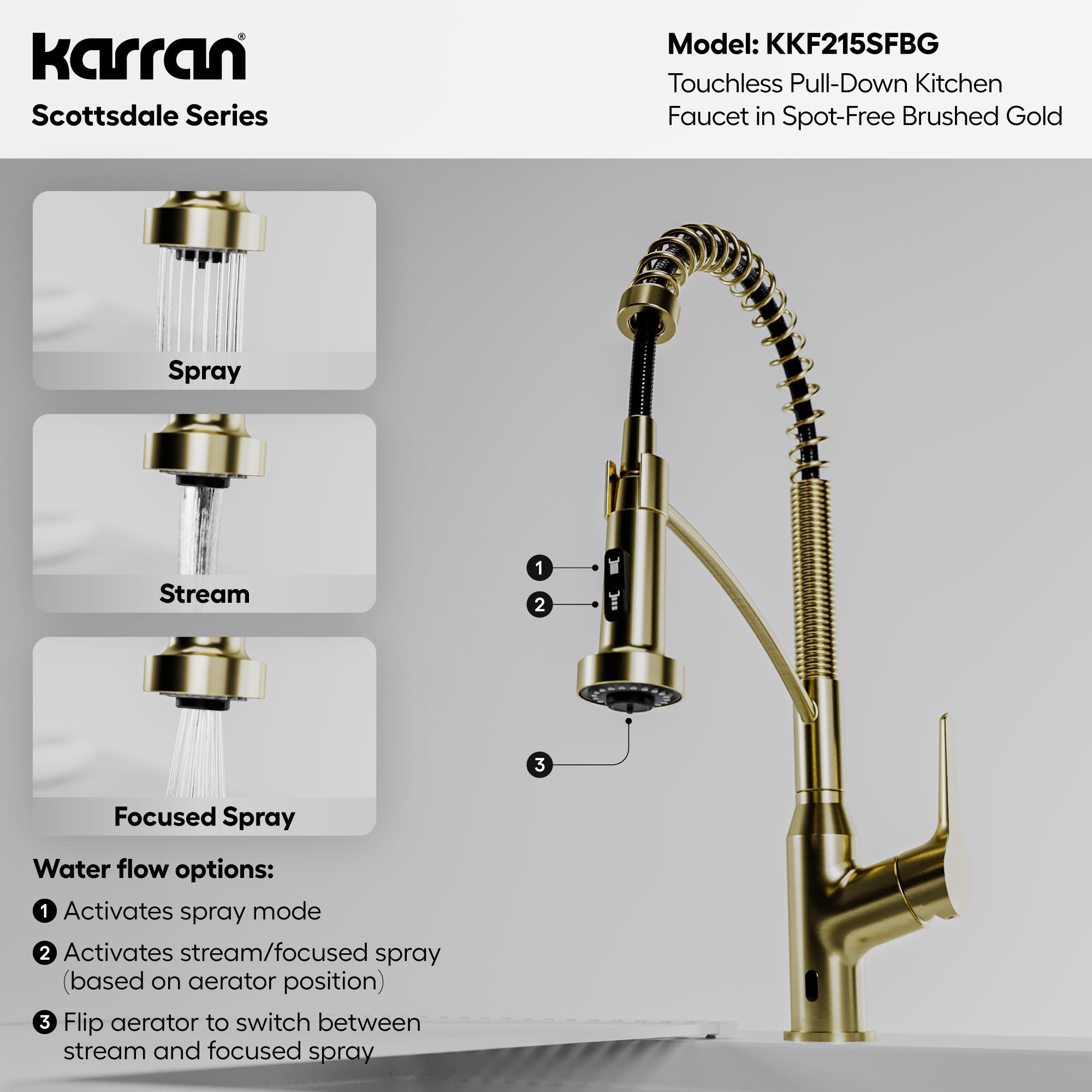 Scottsdale Single Handle Pull-Down Sprayer Touchless Kitchen Faucet In Spot-Free Brushed Gold