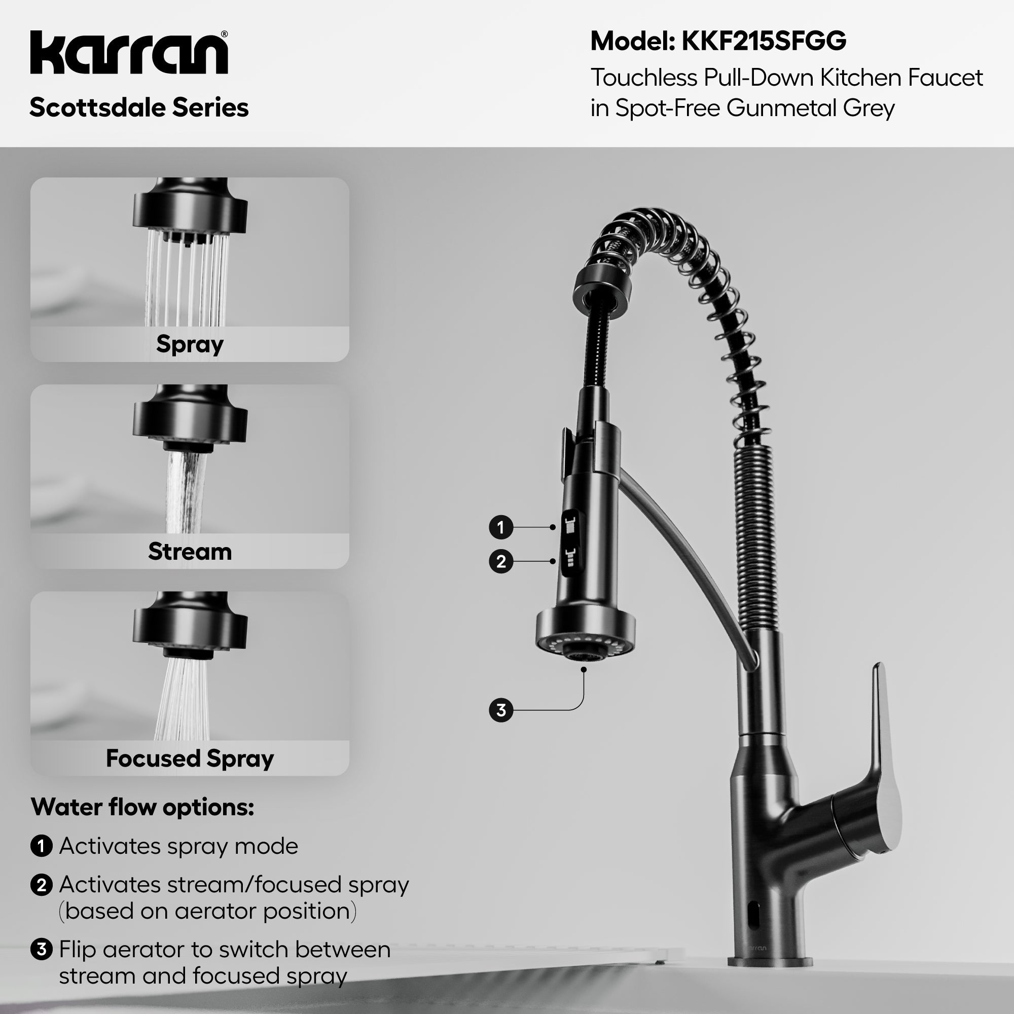 Scottsdale Single Handle Pull-Down Sprayer Touchless Kitchen Faucet In Spot-Free Gunmetal Grey