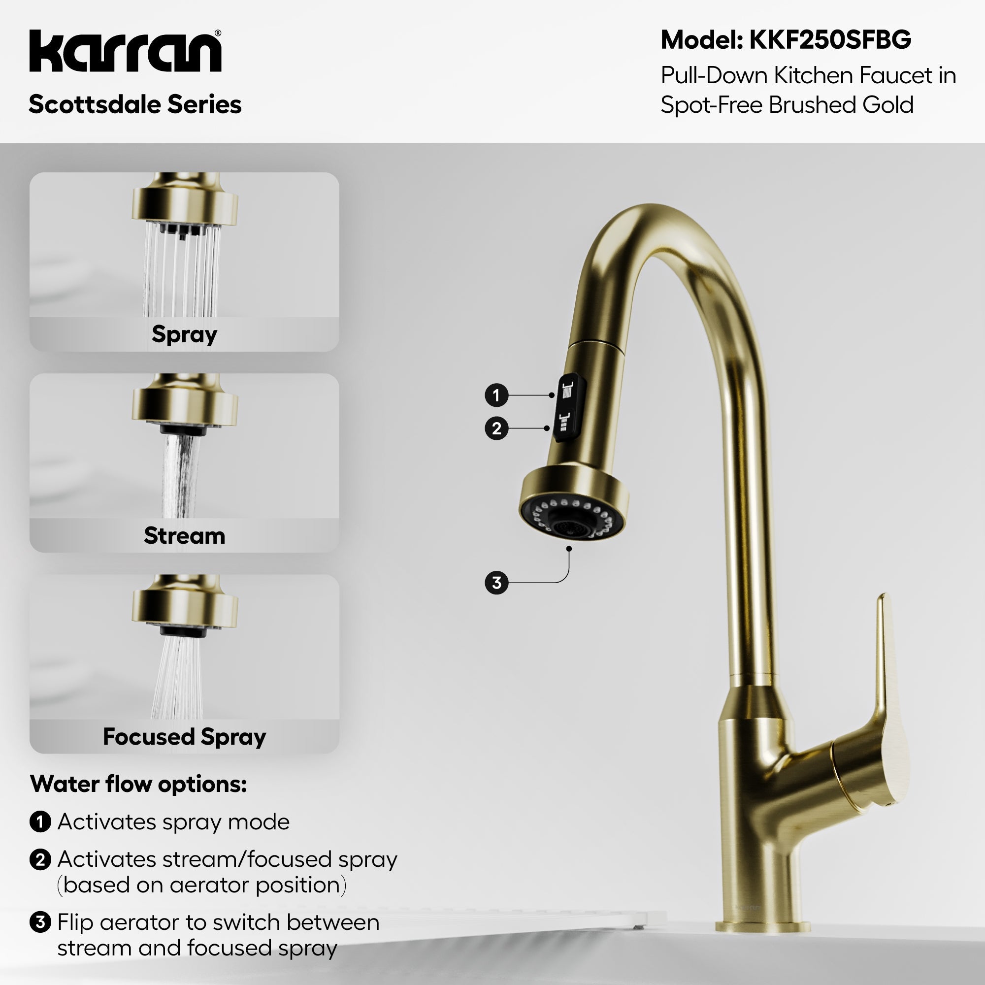 Scottsdale Single Handle Pull-Down Sprayer Kitchen Faucet In Spot-Free Brushed Gold