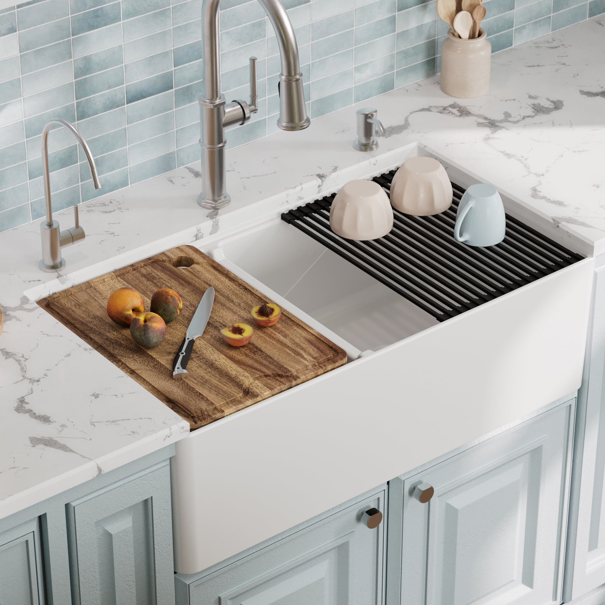 Fireclay 33" Reversible Apron Front Double Bowl Workstation Kitchen Sink In White
