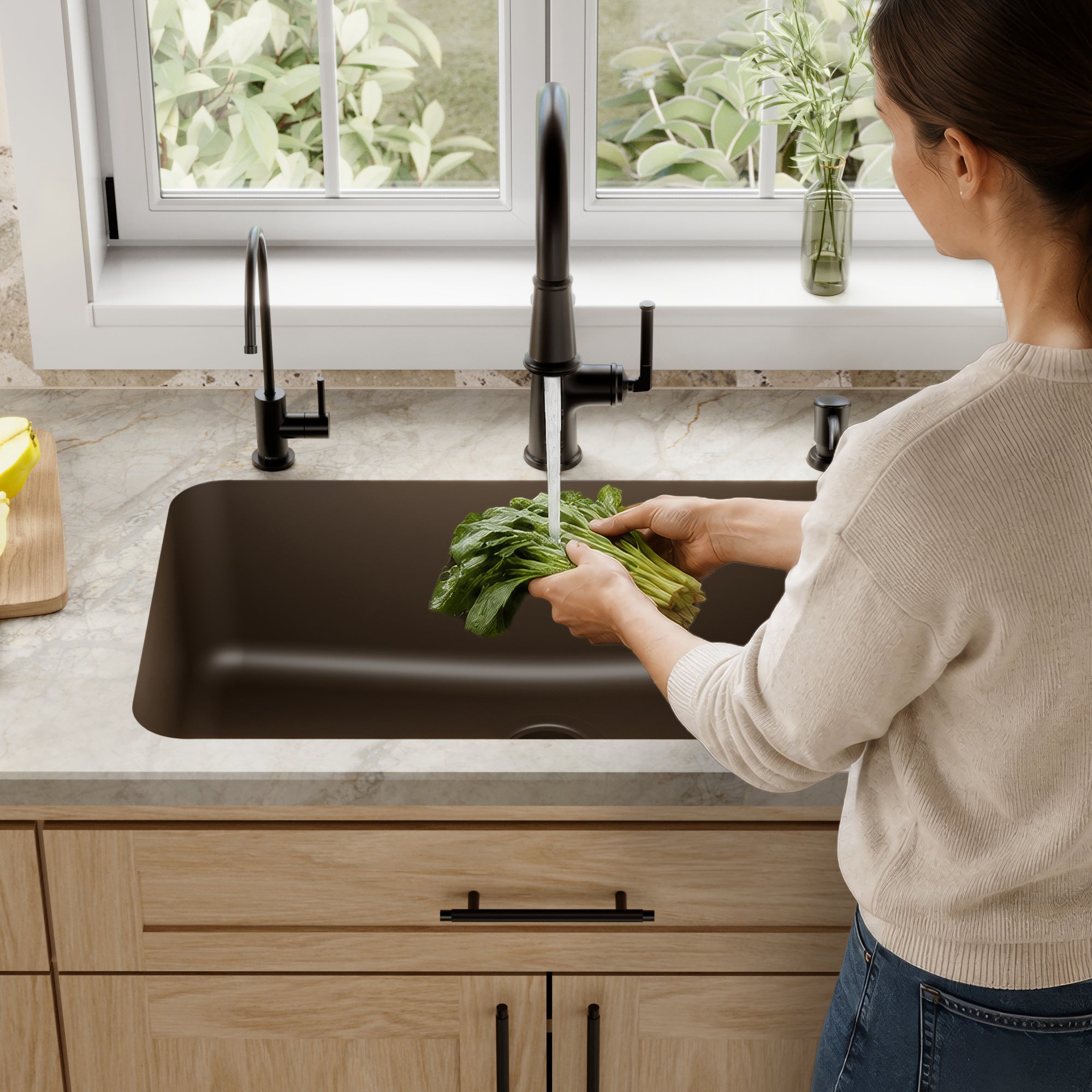 30-7/8" Seamless Undermount Large Single Bowl Quartz Composite Kitchen Sink In Brown