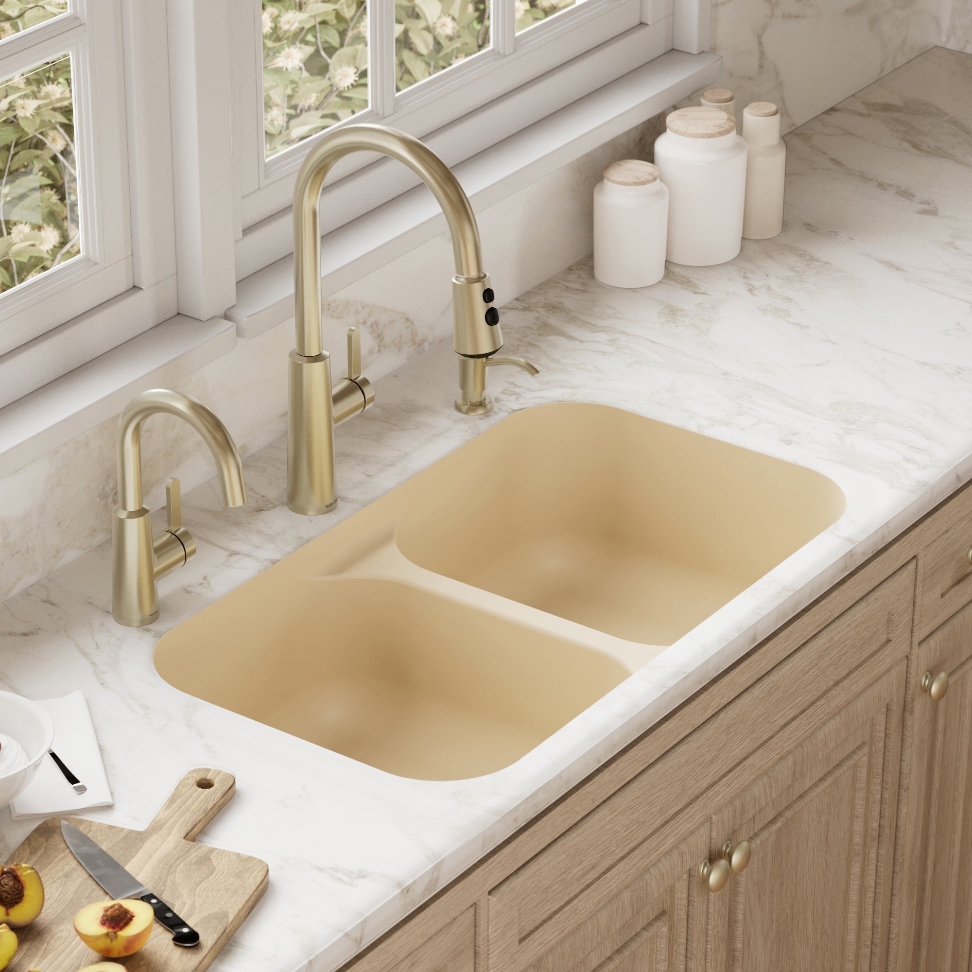 32-7/8" Seamless Undermount Doube Equal Bowl Quartz Composite Kitchen Sink In Bisque