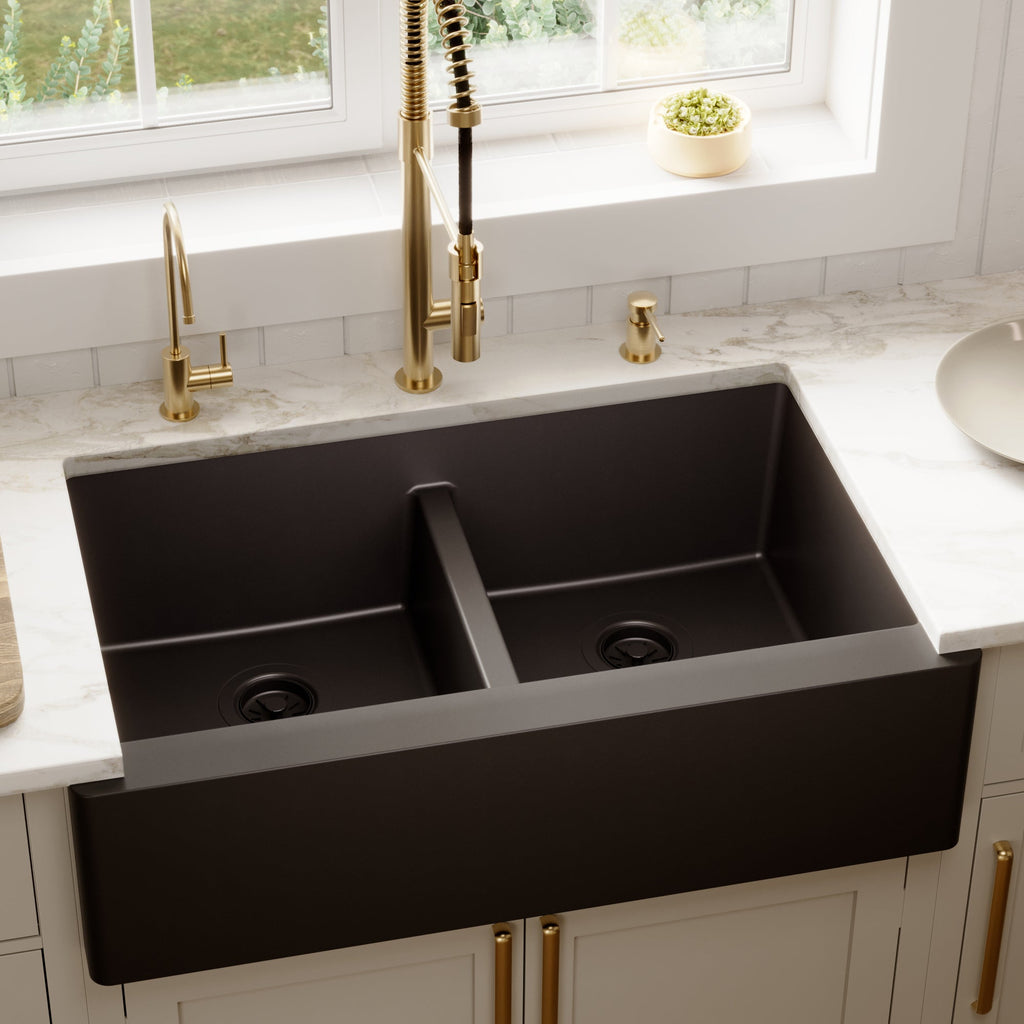 34" Farmhouse Double Equal Bowl Quartz Composite Kitchen Sink In Black