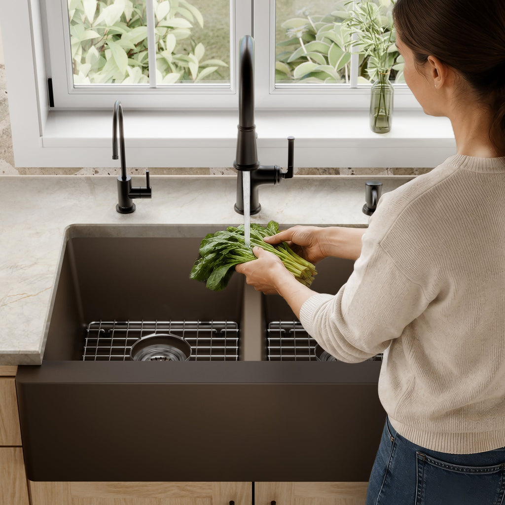 34" Farmhouse Double Equal Bowl Quartz Composite Kitchen Sink Kit In Brown