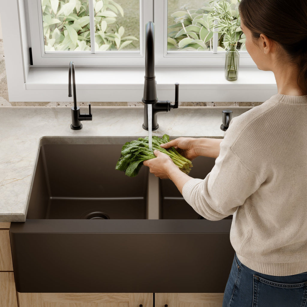 34" Farmhouse Double Equal Bowl Quartz Composite Kitchen Sink In Brown
