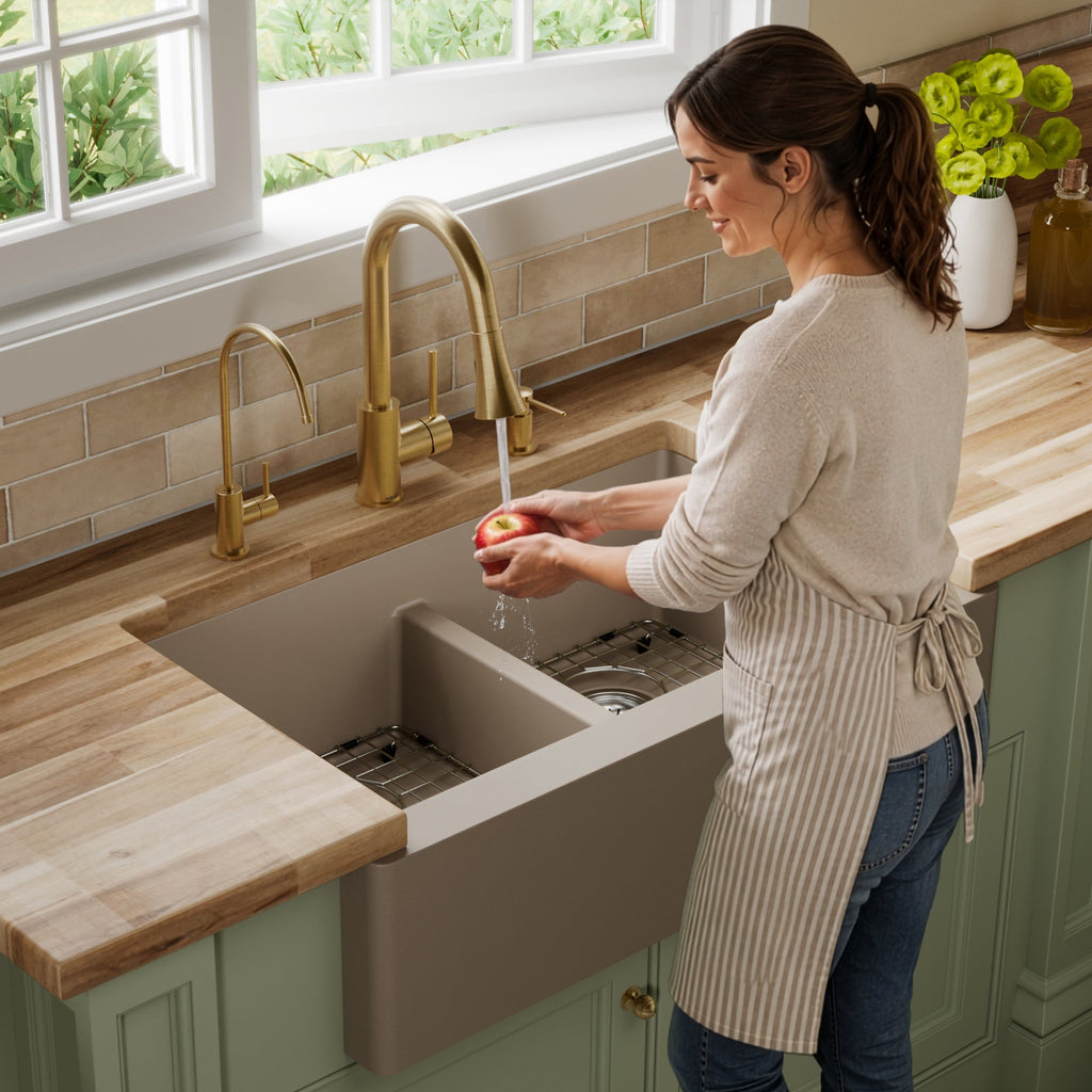 34" Farmhouse Double Equal Bowl Quartz Composite Kitchen Sink Kit In Concrete
