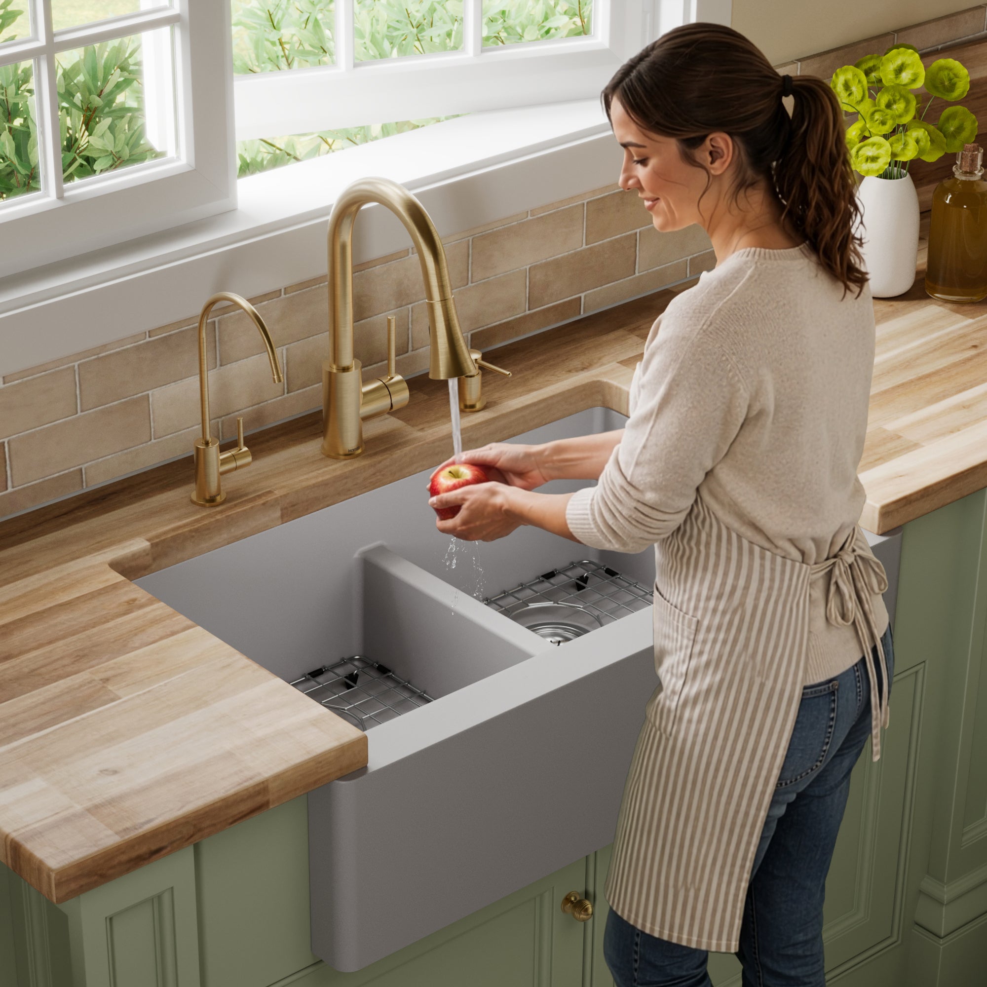 34" Farmhouse Double Equal Bowl Quartz Composite Kitchen Sink Kit In Grey