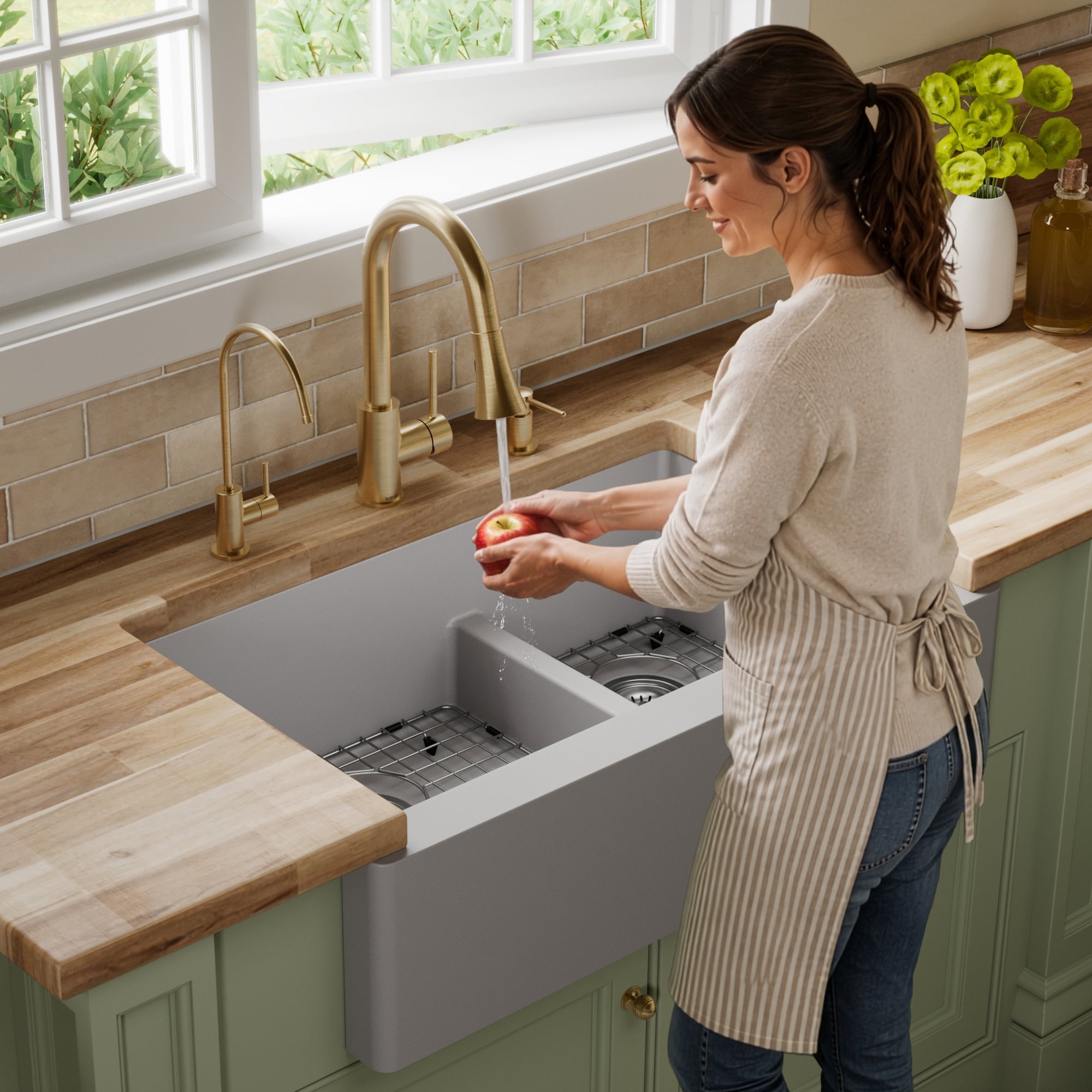 34" Farmhouse Double Offset Bowl Quartz Composite Kitchen Sink Kit In Grey
