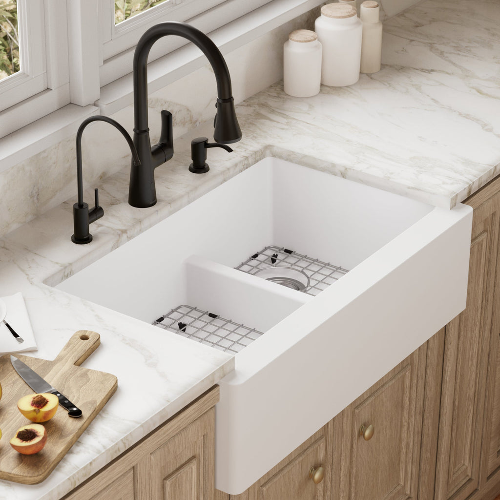 34" Farmhouse Double Offset Bowl Quartz Composite Kitchen Sink Kit In White