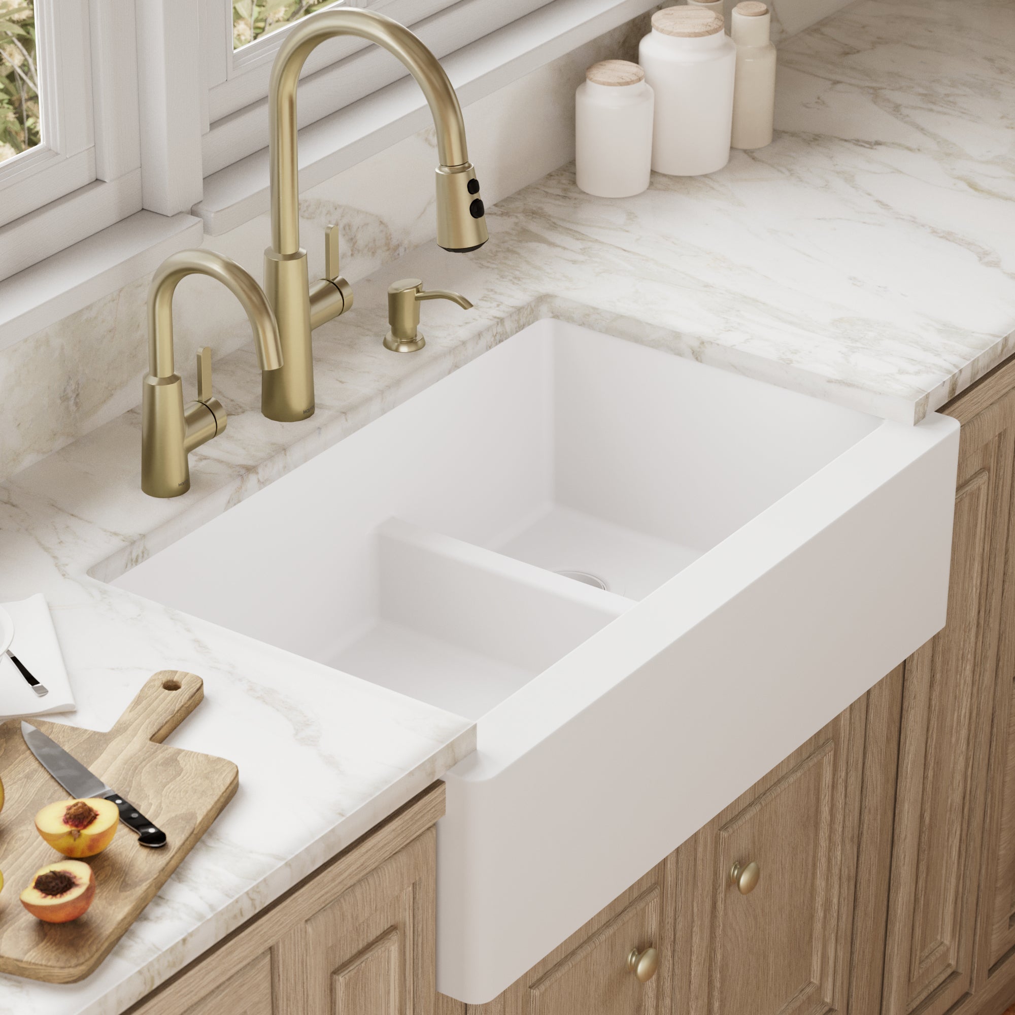 34" Farmhouse Double Offset Bowl Quartz Composite Kitchen Sink In White