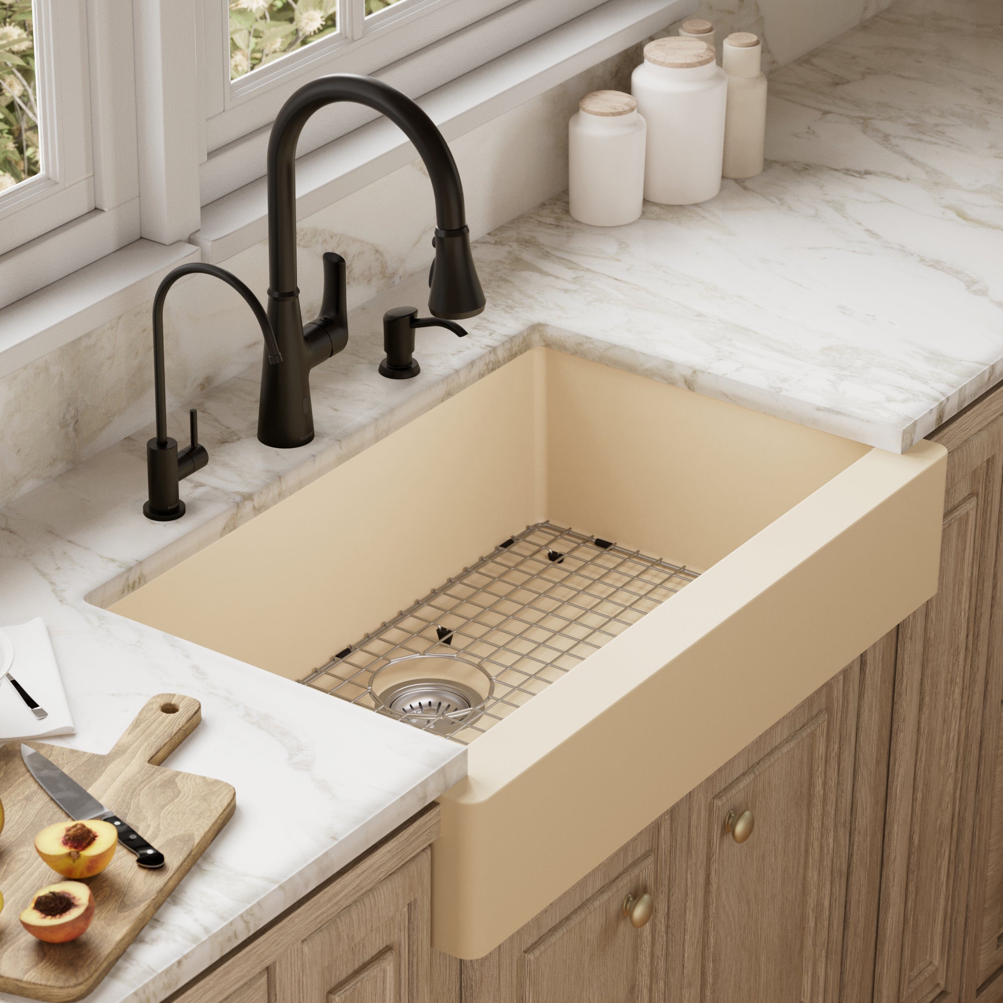 34" Retrofit Farmhouse Large Single Bowl Quartz Composite Kitchen Sink Kit In Bisque