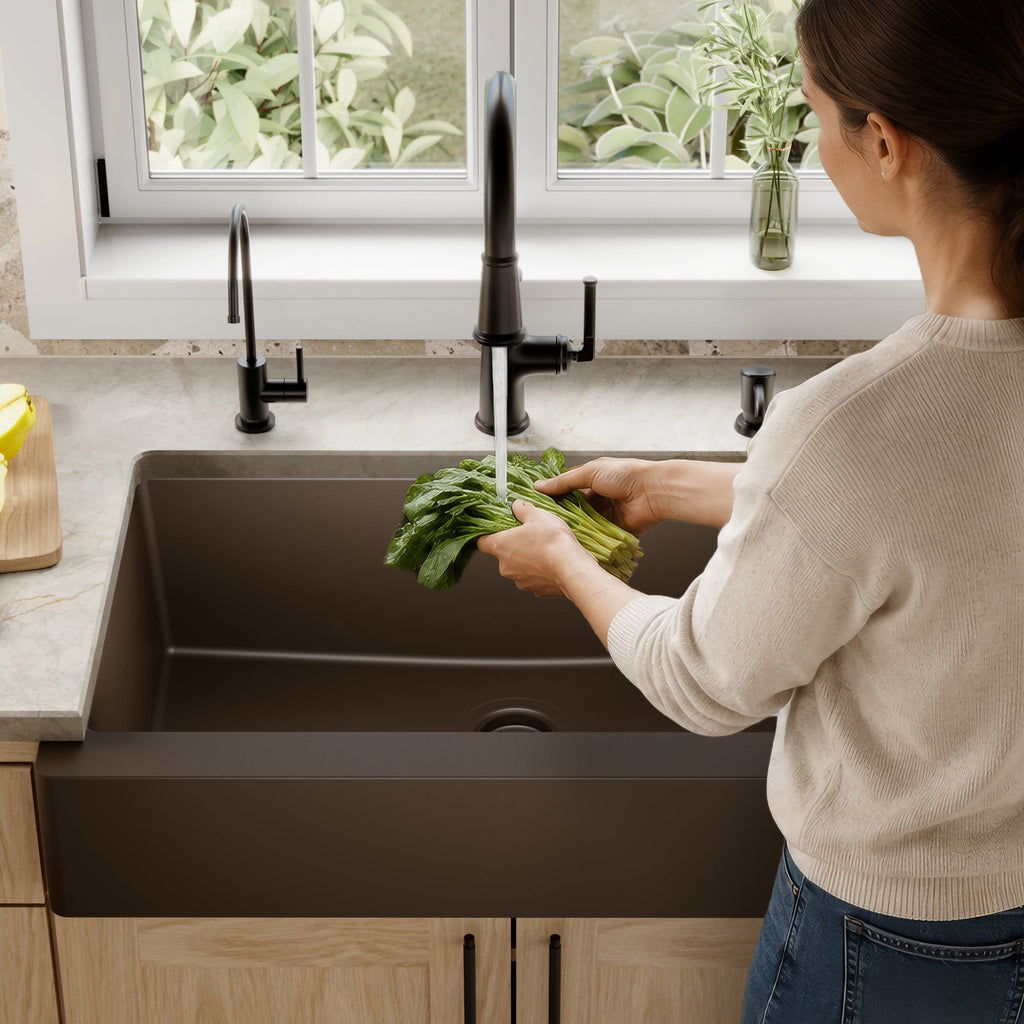 34" Retrofit Farmhouse Large Single Bowl Quartz Composite Kitchen Sink In Brown