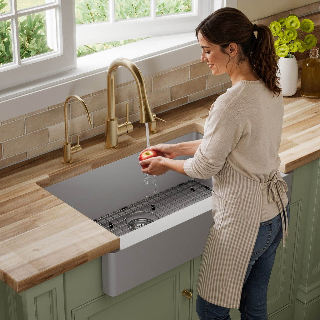 34" Retrofit Farmhouse Large Single Bowl Quartz Composite Kitchen Sink Kit In Grey