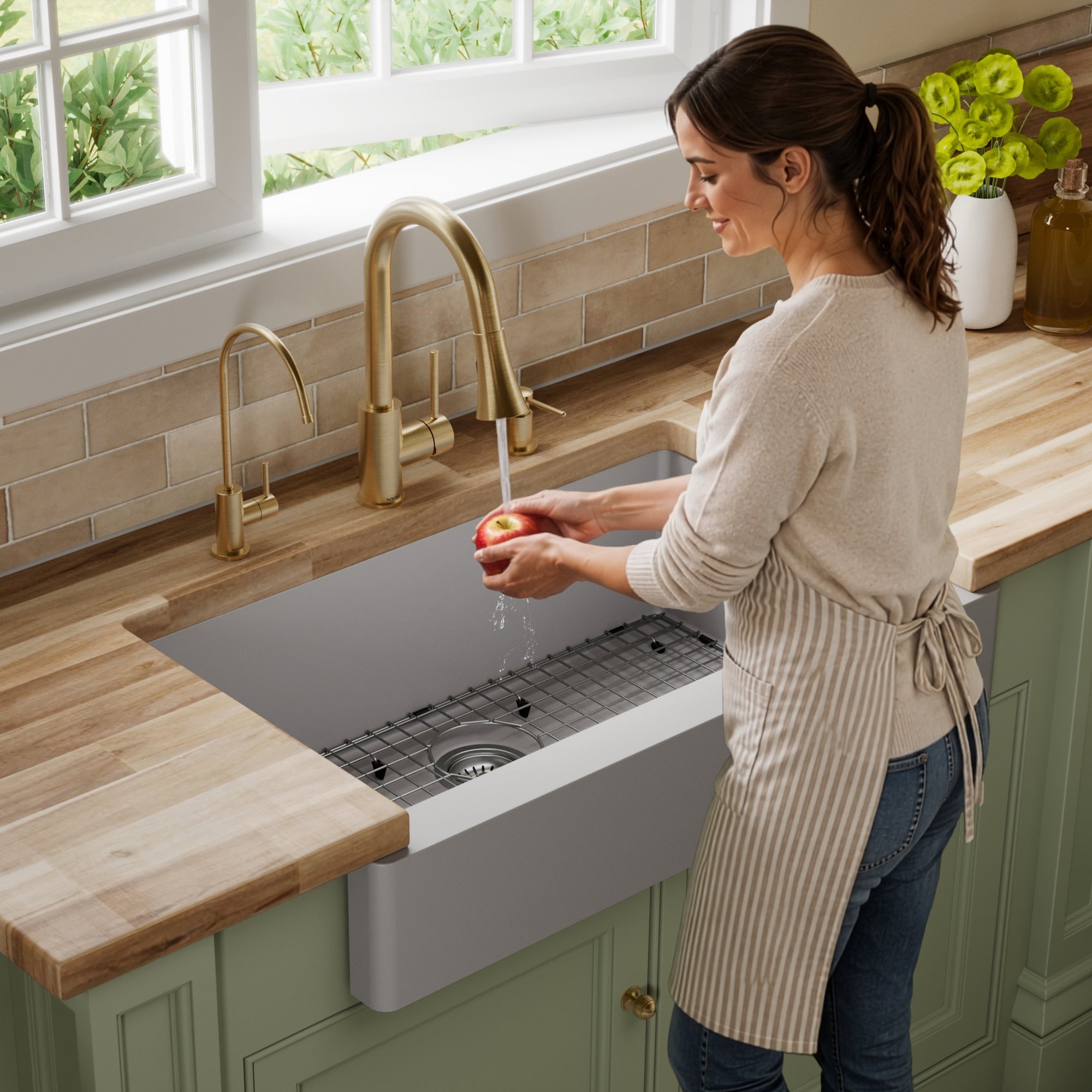 34" Retrofit Farmhouse Large Single Bowl Quartz Composite Kitchen Sink Kit In Grey