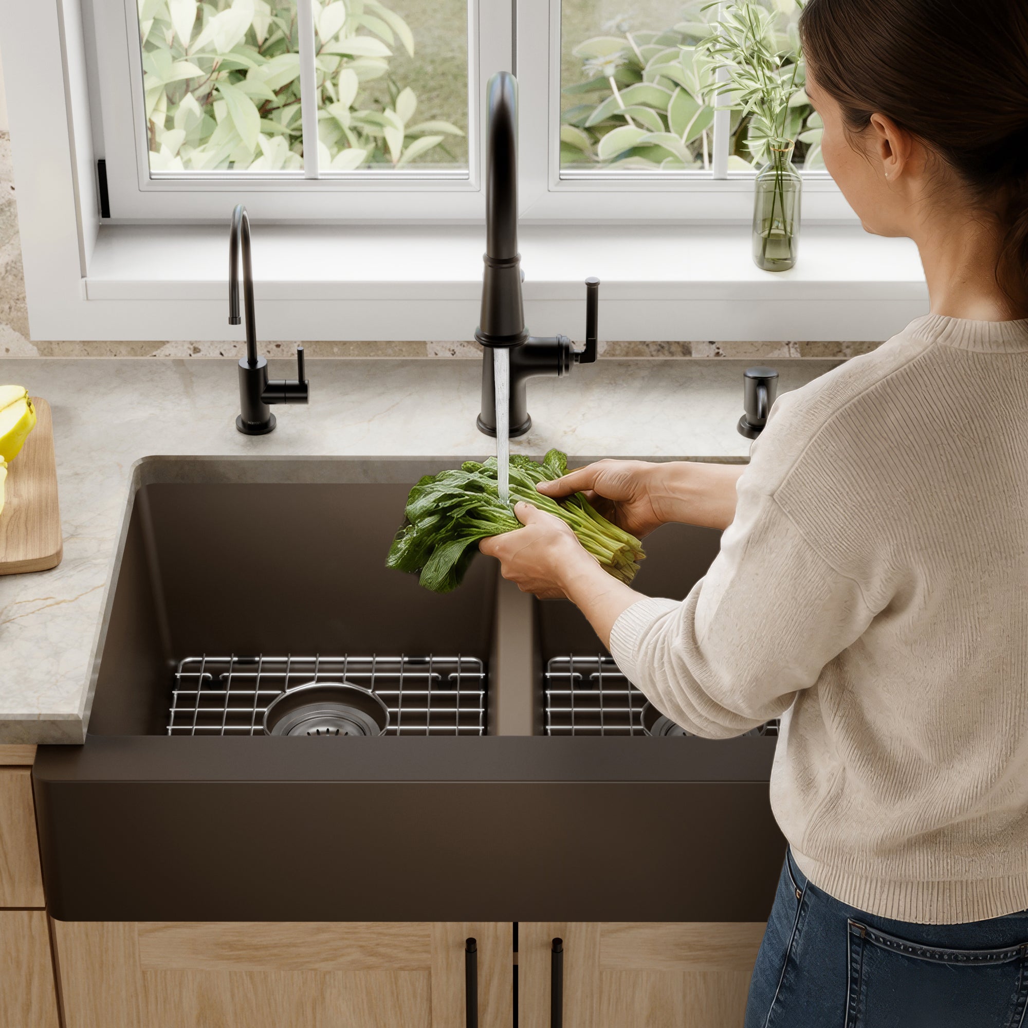 34" Retrofit Farmhouse Double Equal Bowl Quartz Composite Kitchen Sink Kit In Brown
