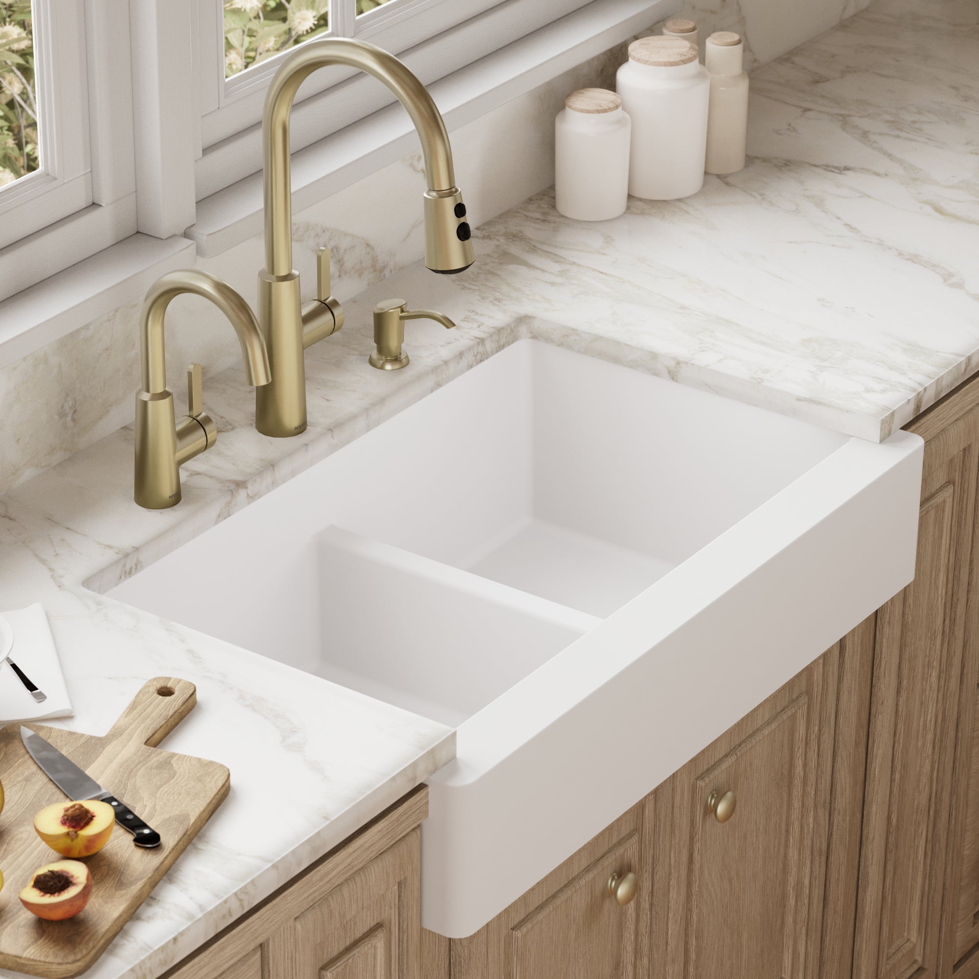 34" Retrofit Farmhouse Double Equal Bowl Quartz Composite Kitchen Sink In White