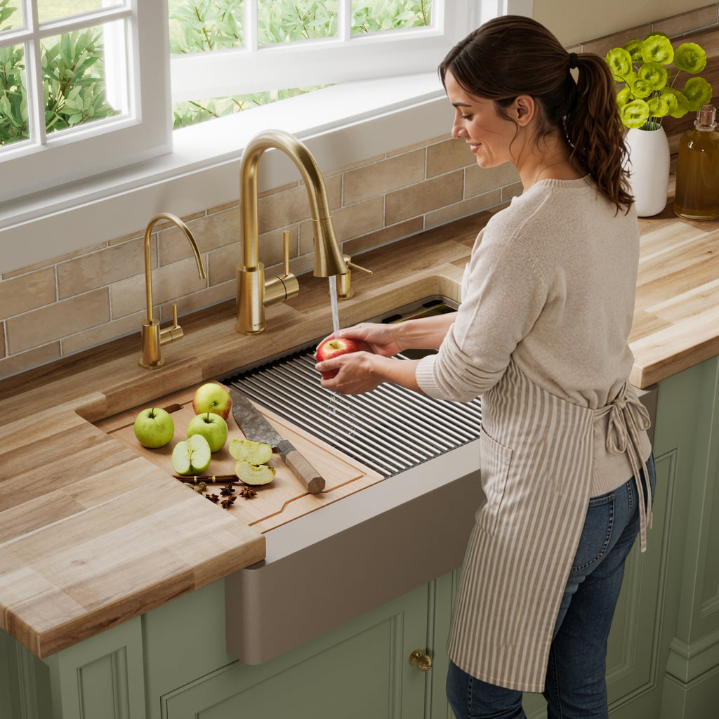 34" Retrofit Farmhouse Large Single Bowl Quartz Composite Workstation Kitchen Sink In Concrete