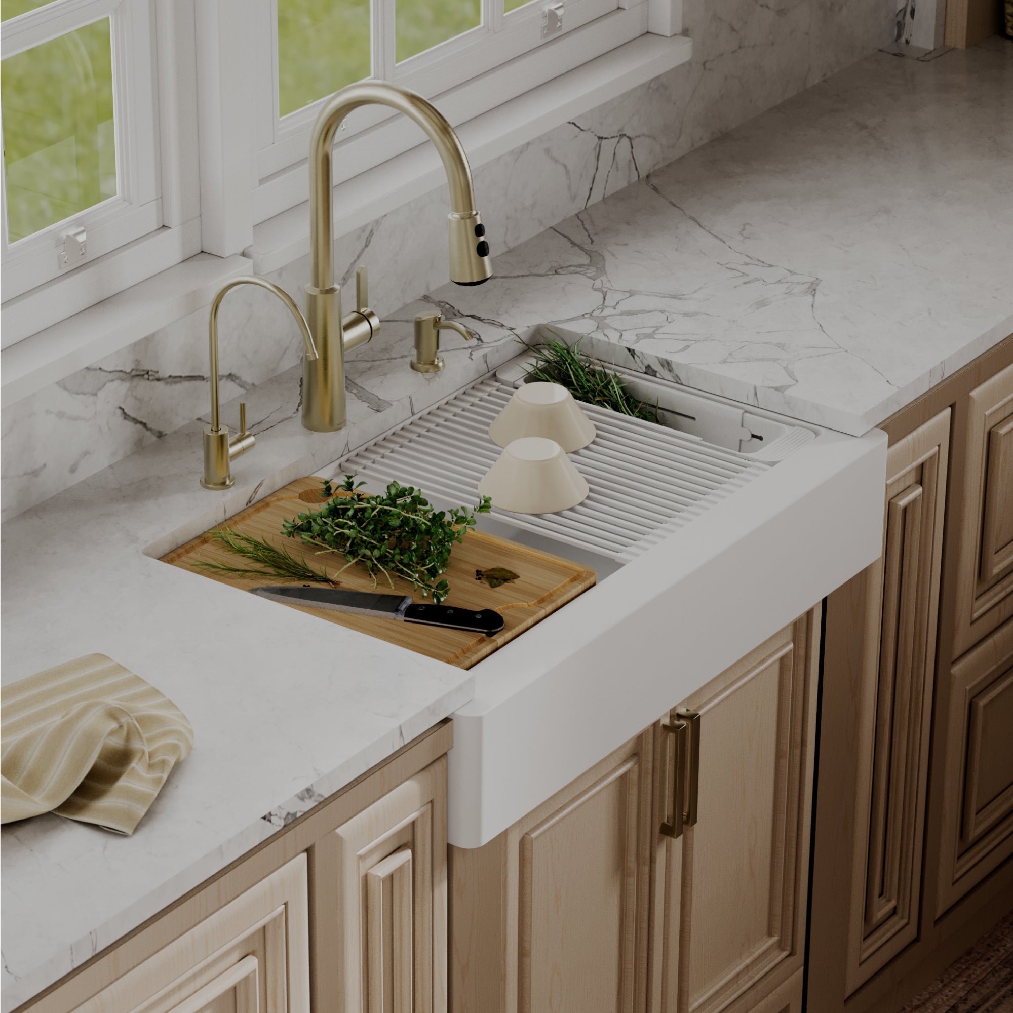 34" Apron Front Single Bowl Quartz Kitchen Sink Kit In White