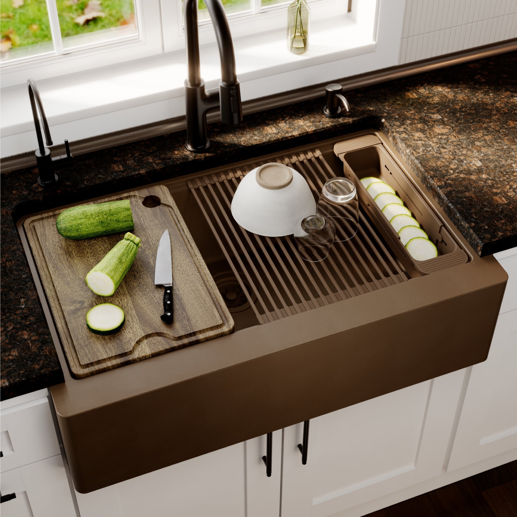 34" Deep Apron Front Single Bowl Quartz Kitchen Sink Kit In Brown