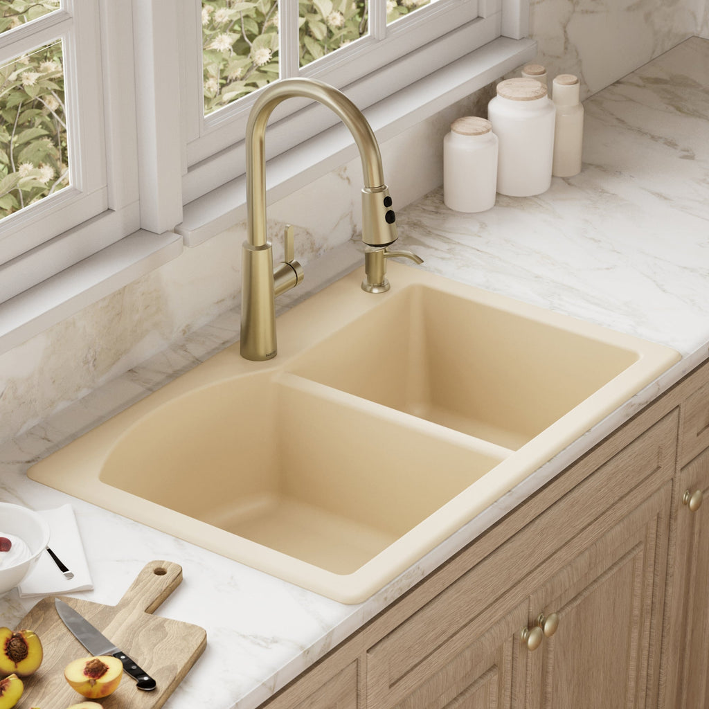 33" Top Mount Double Offset Bowl Quartz Composite Kitchen Sink In Bisque