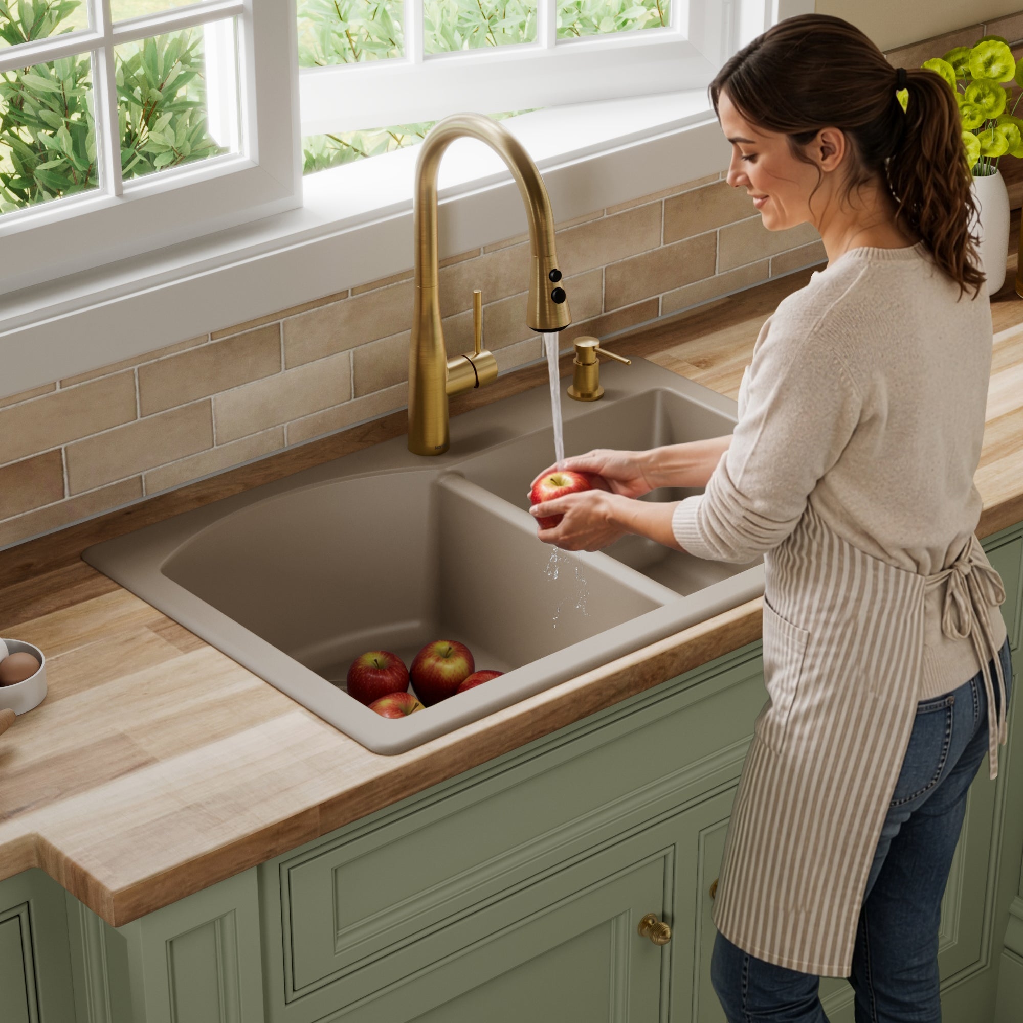33" Top Mount Double Offset Bowl Quartz Composite Kitchen Sink In Concrete
