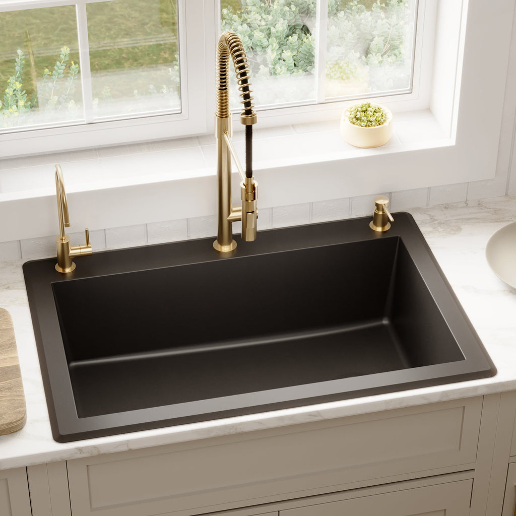 33" Top Mount Large Single Bowl Quartz Composite Kitchen Sink Kit In Black