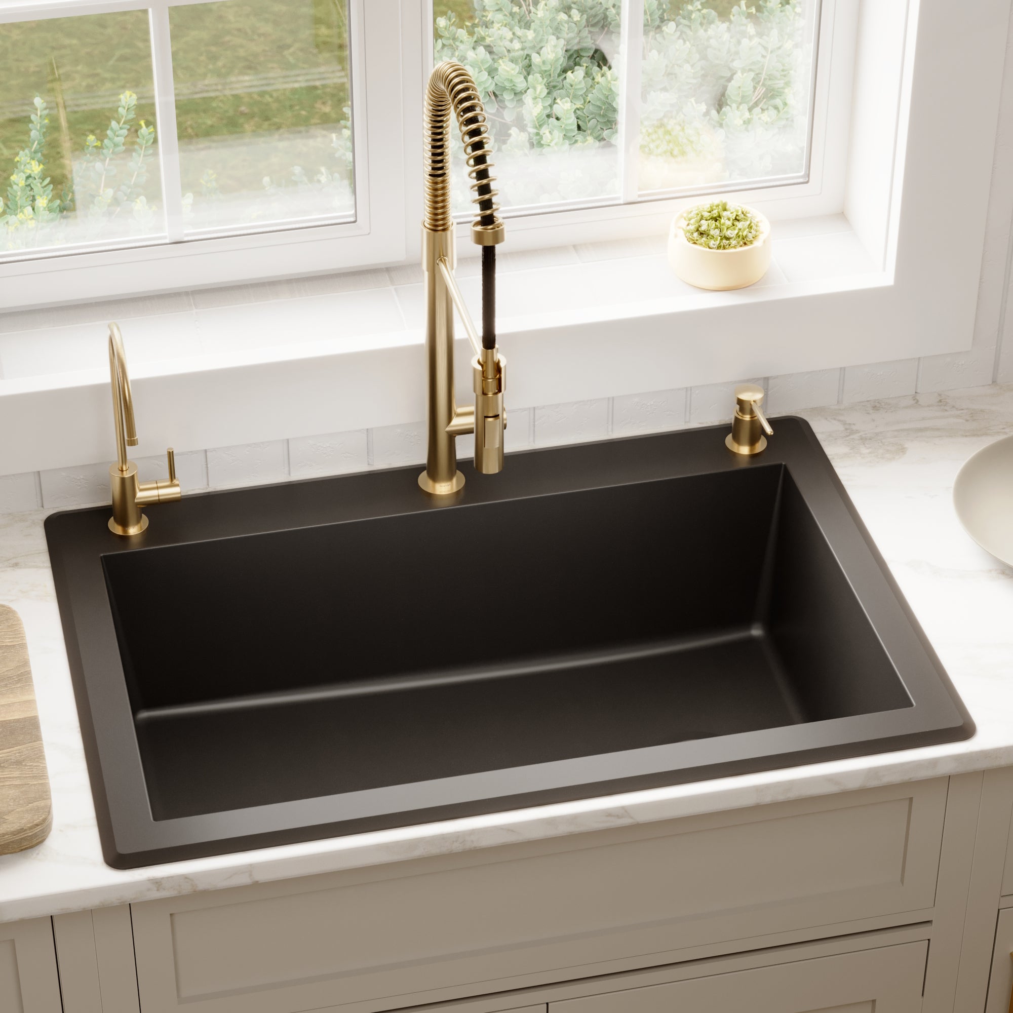 33" Top Mount Large Single Bowl Quartz Composite Kitchen Sink Kit In Black