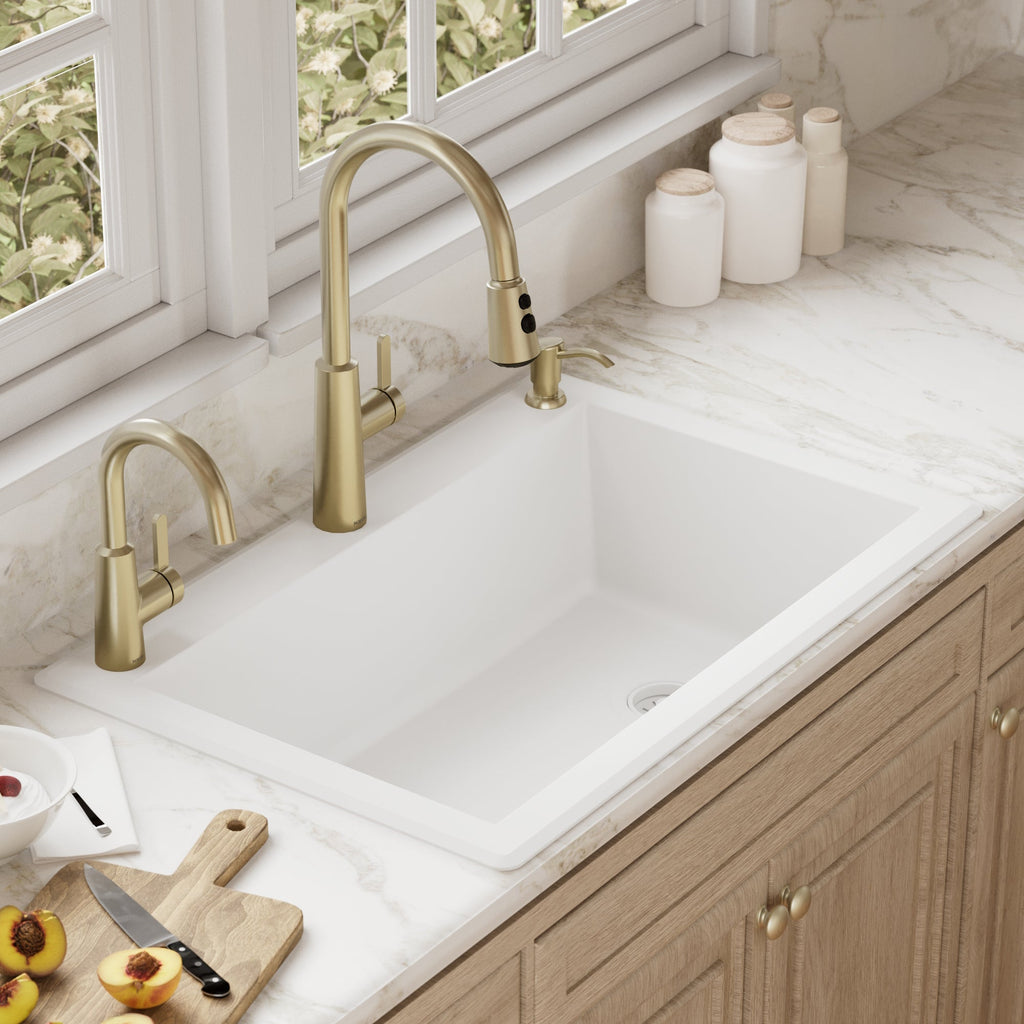 33" Top Mount Large Single Bowl Quartz Composite Kitchen Sink In White
