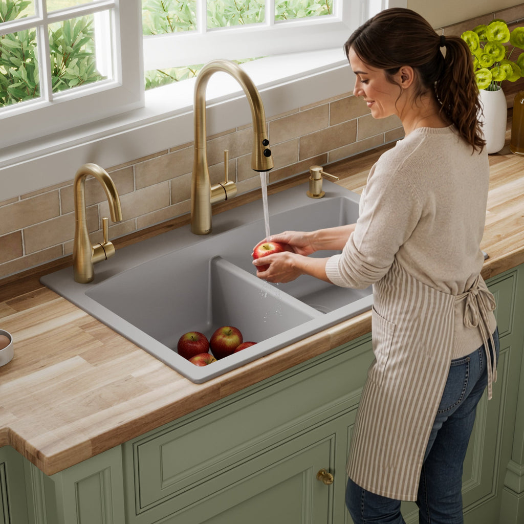 33" Top Mount Double Equal Bowl Quartz Composite Kitchen Sink In Grey