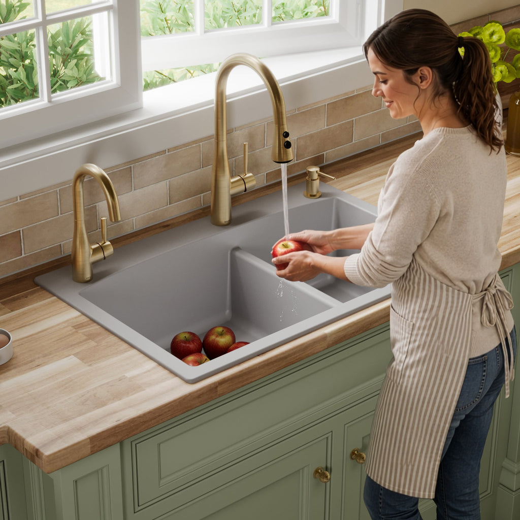 33" Top Mount Double Offset Bowl Quartz Composite Kitchen Sink In Grey