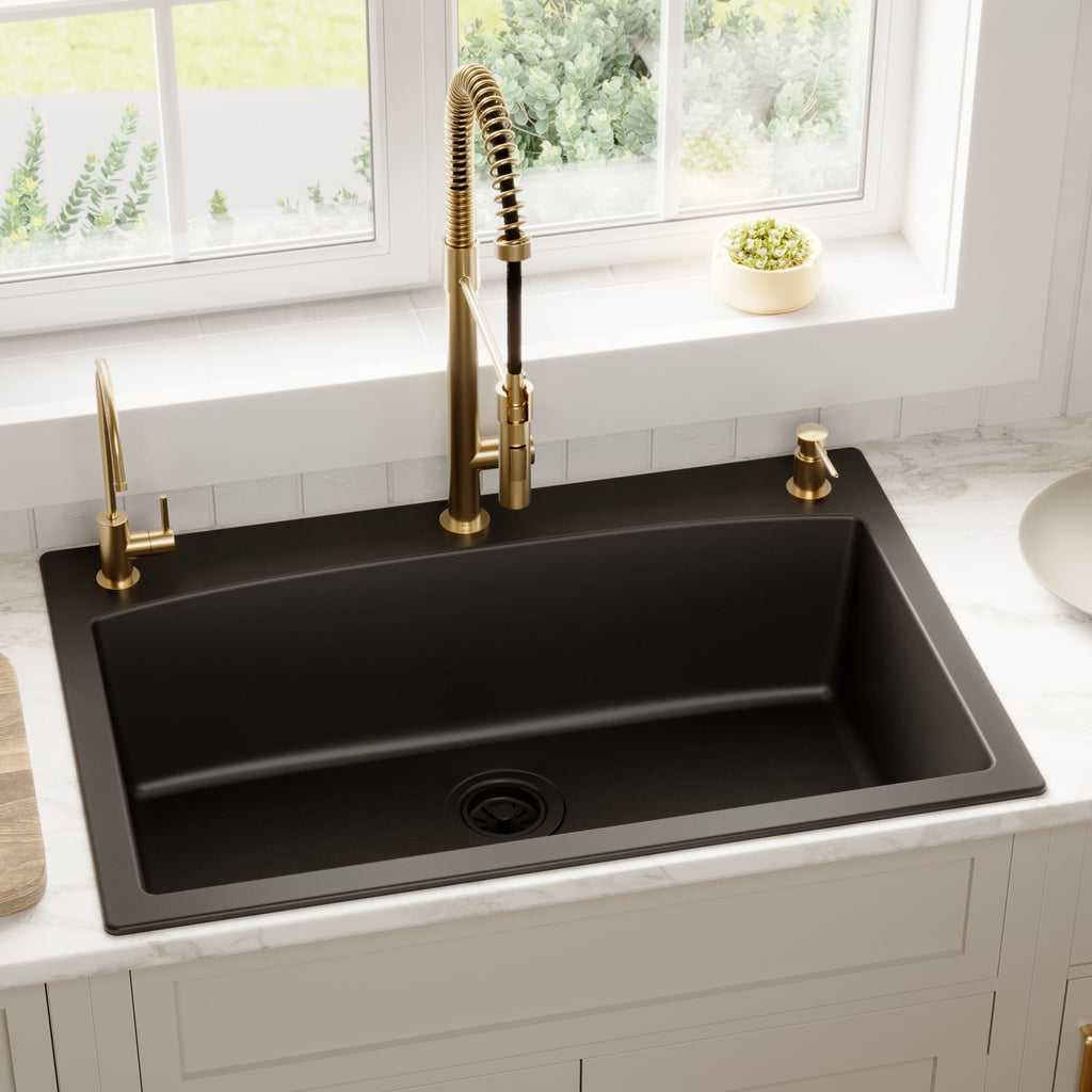 33" Top Mount Large Single Bowl Quartz Composite Kitchen Sink In Black