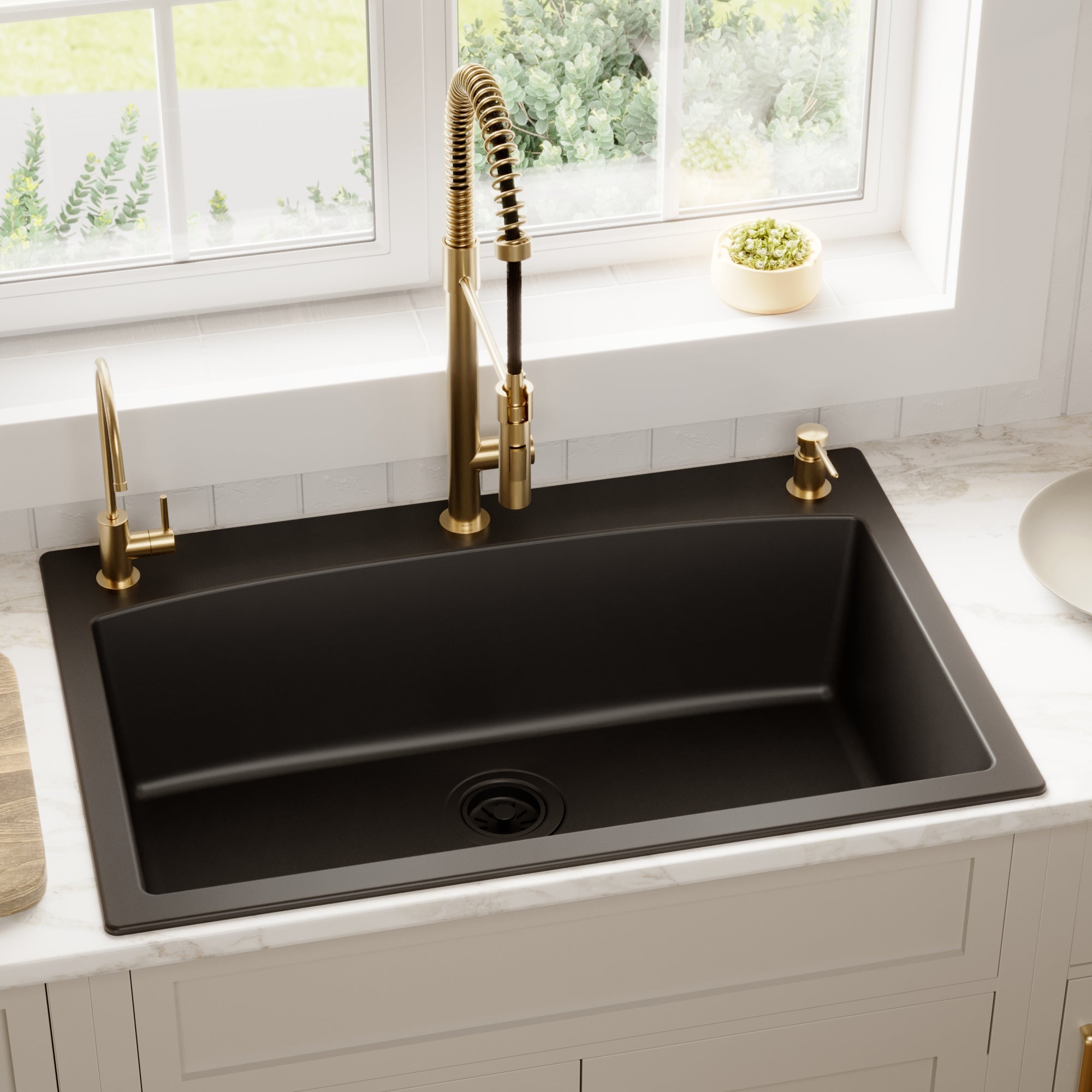 33" Top Mount Large Single Bowl Quartz Composite Kitchen Sink In Black