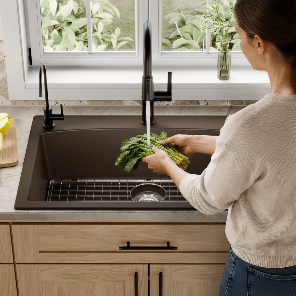 33" Top Mount Large Single Bowl Quartz Composite Kitchen Sink Kit In Brown