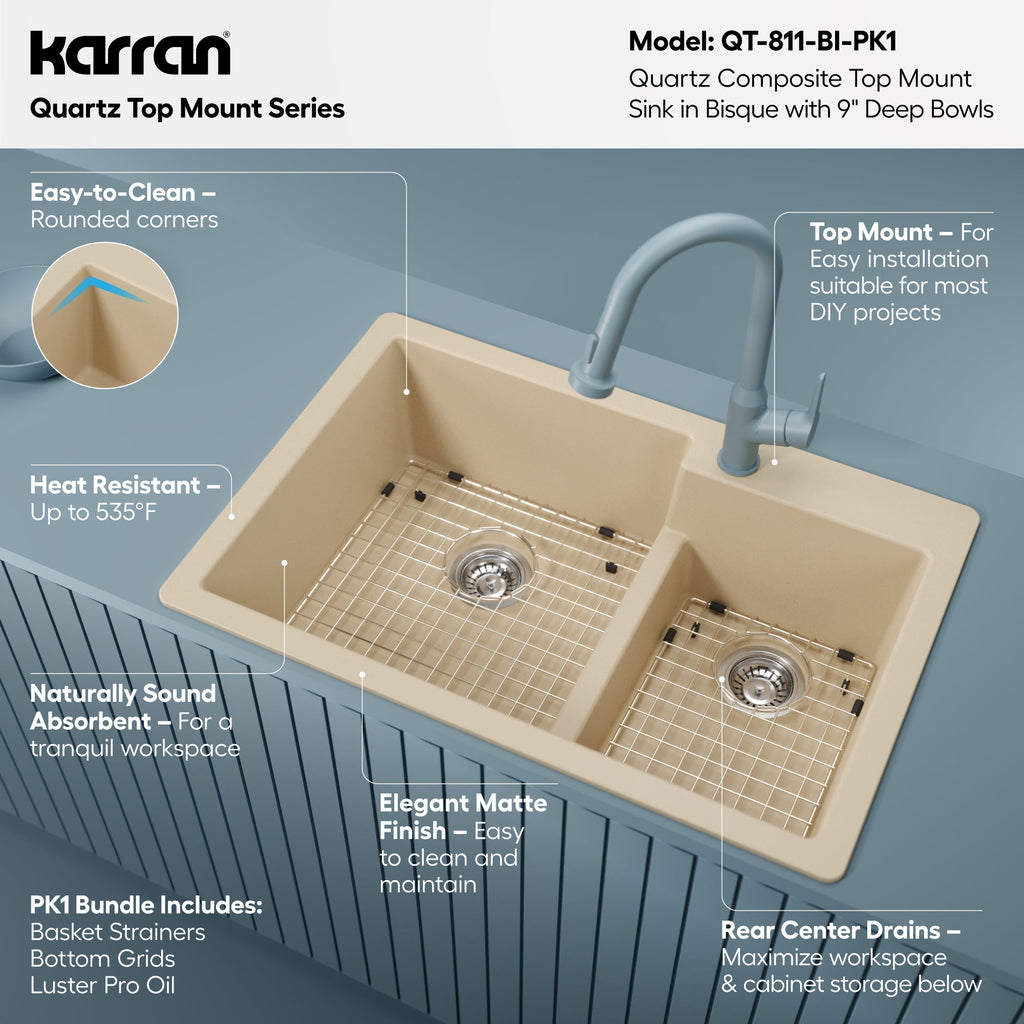 33" Top Mount Double Offset Bowl Quartz Composite Kitchen Sink Kit In Bisque