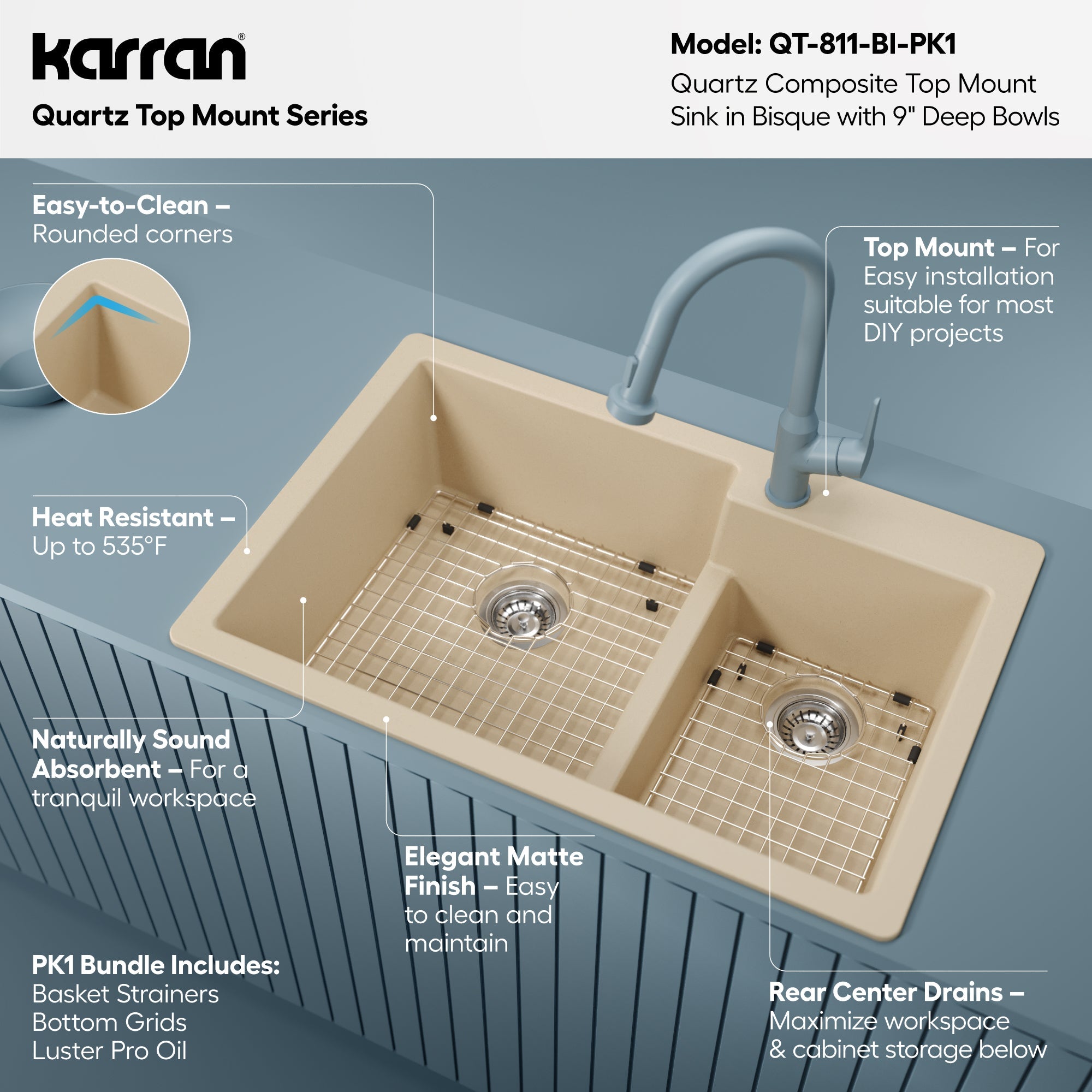 33" Top Mount Double Offset Bowl Quartz Composite Kitchen Sink Kit In Bisque