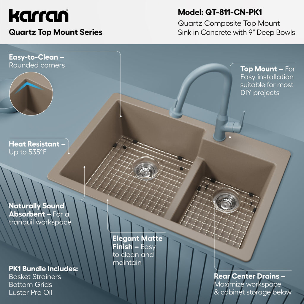 33" Top Mount Double Offset Bowl Quartz Composite Kitchen Sink Kit In Concrete