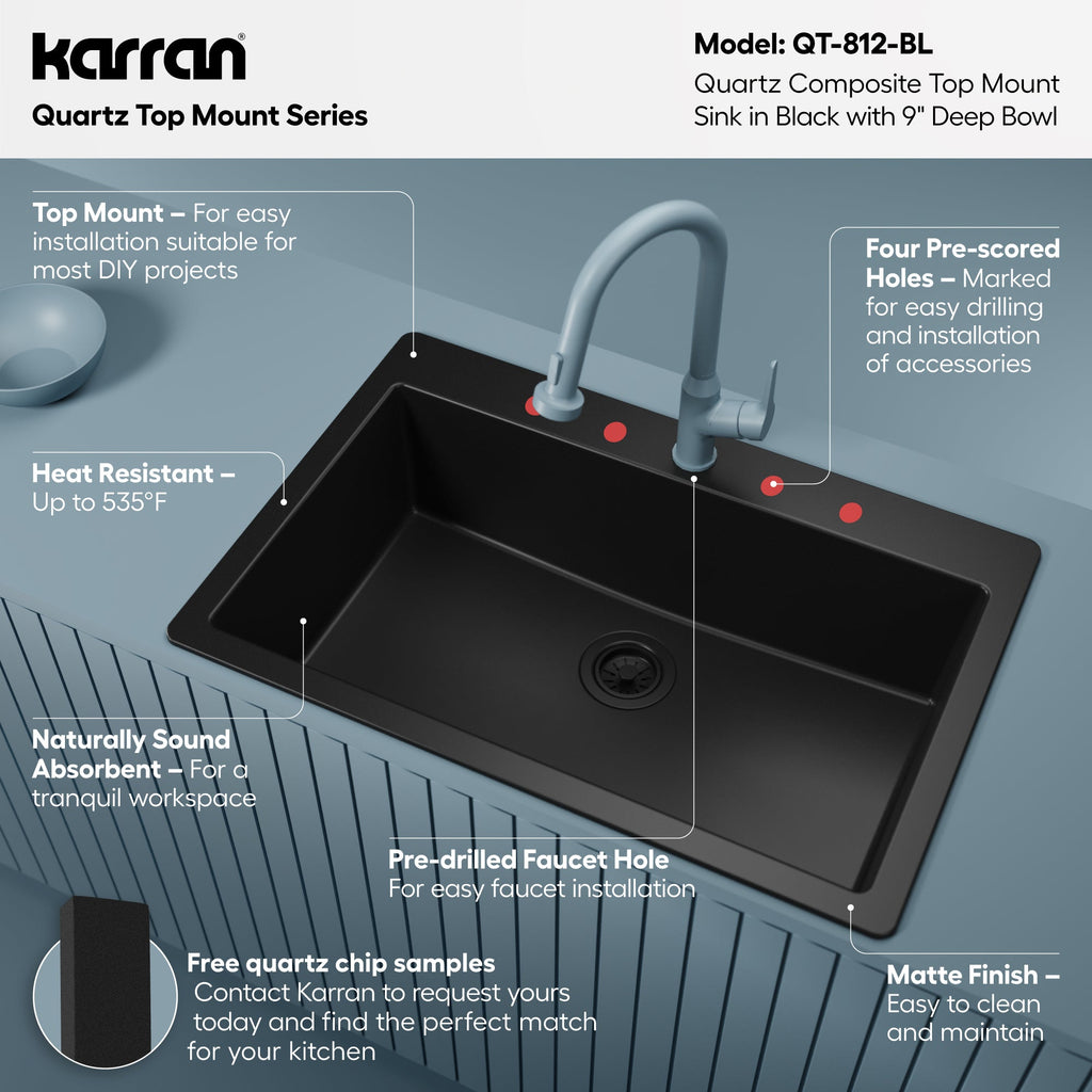 33" Top Mount Large Single Bowl Quartz Composite Kitchen Sink In Black