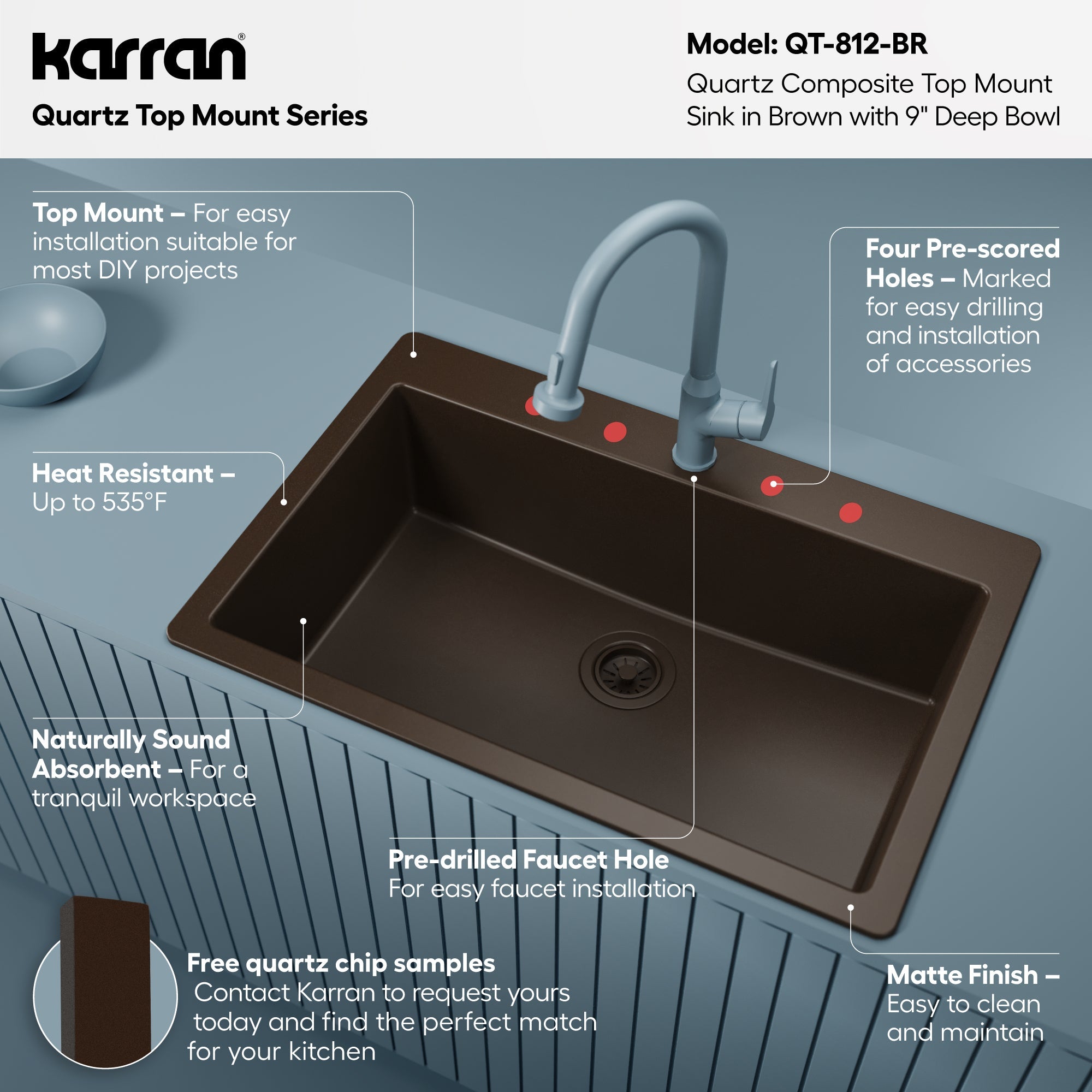 33" Top Mount Large Single Bowl Quartz Composite Kitchen Sink In Brown