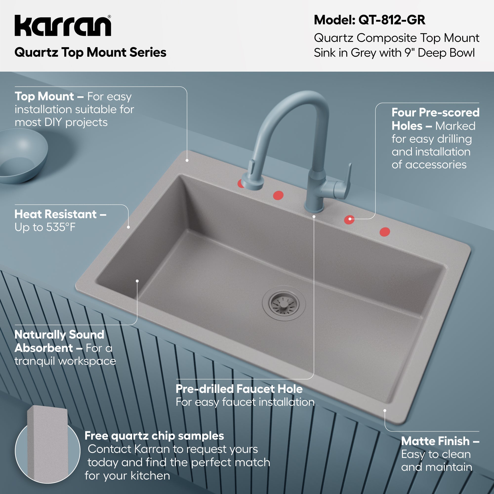 33" Top Mount Large Single Bowl Quartz Composite Kitchen Sink In Grey