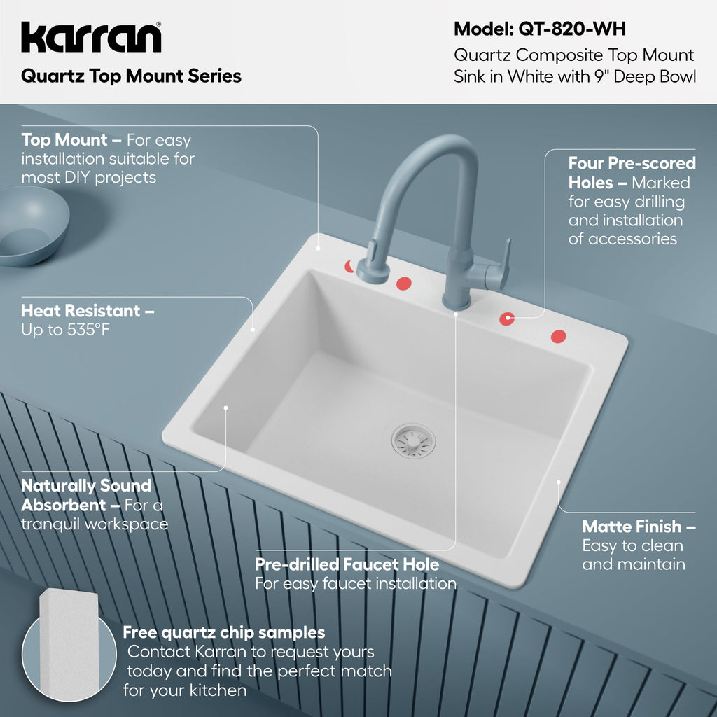25" Top Mount Single Bowl Quartz Composite Kitchen Sink In White