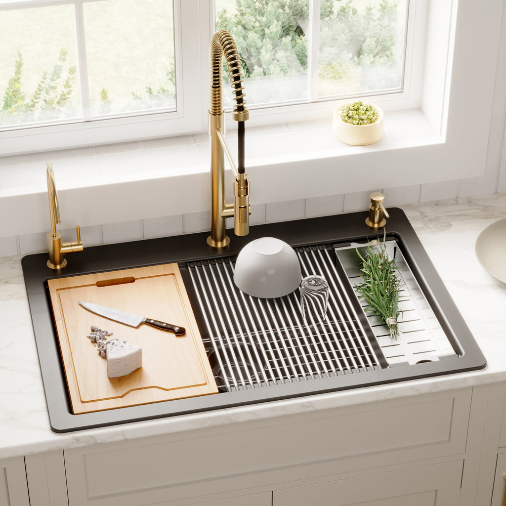 33" Top Mount Large Single Bowl Quartz Composite Workstation Kitchen Sink In Black