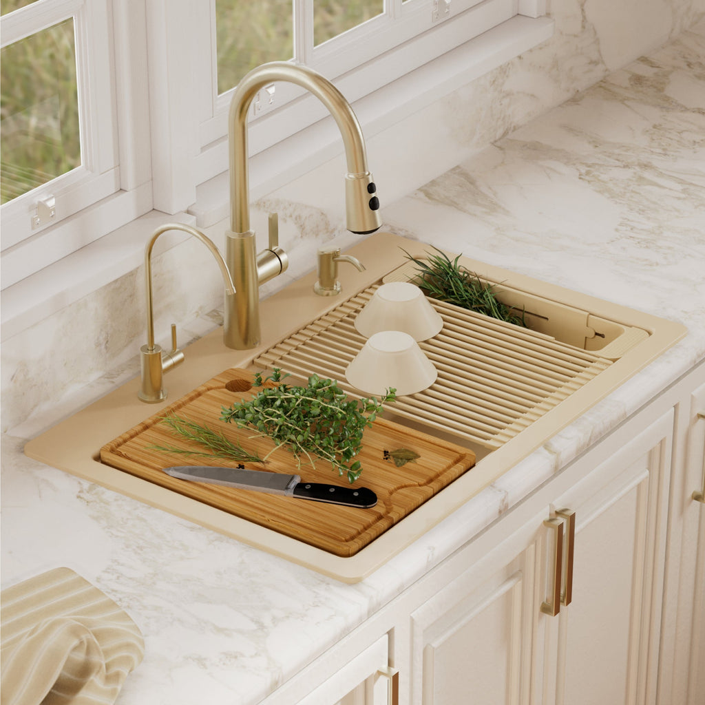 33" Top Mount Double Bowl Quartz Kitchen Sink Kit In Bisque