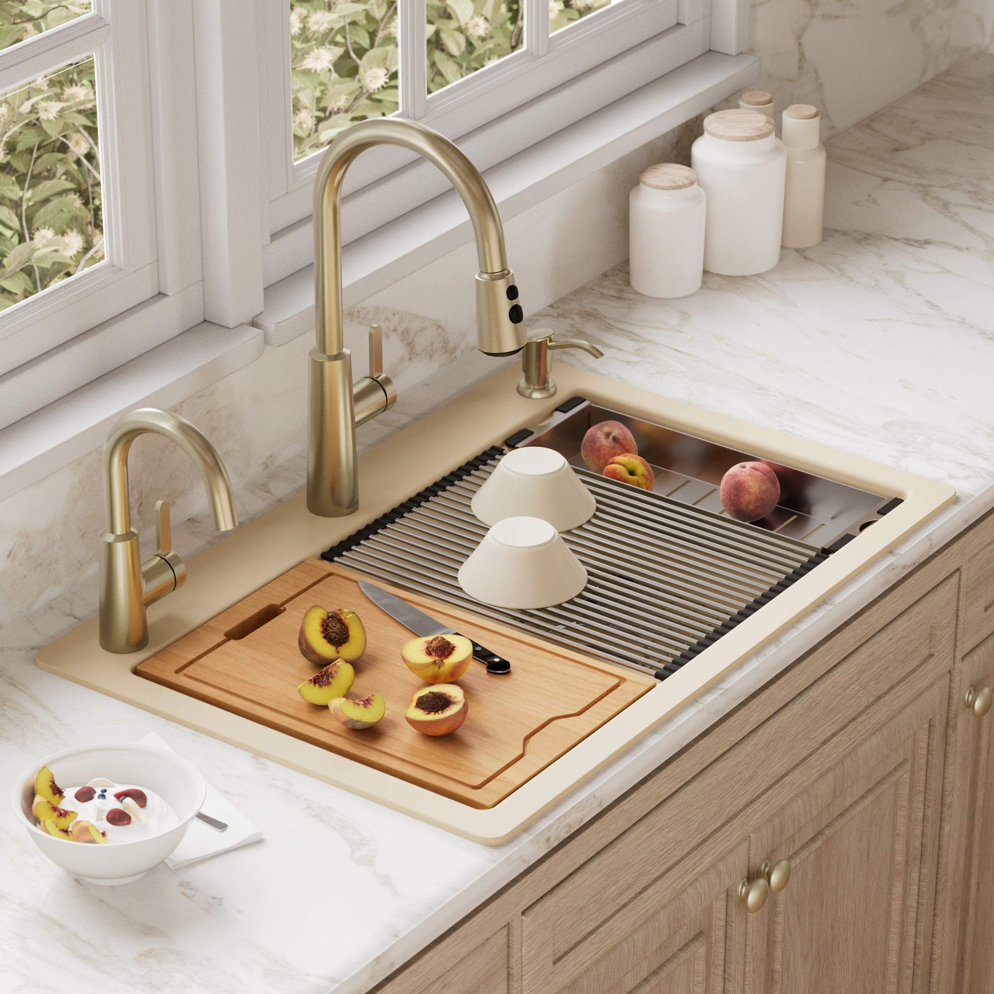 33" Top Mount Double Equal Bowl Quartz Composite Workstation Kitchen Sink In Bisque