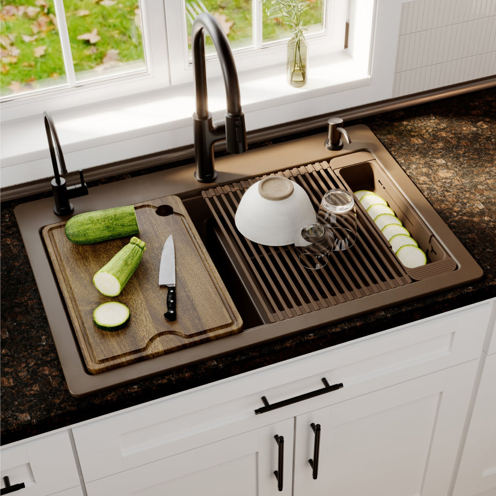 33" Top Mount Double Bowl Quartz Kitchen Sink Kit In Brown